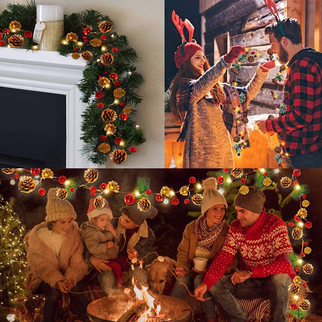10FT 30LED Red Berry Pine Cone Christmas Garland with Battery Operated Lights - Fireplace Mantel Decor, Holiday Home Decoration, Indoor Outdoor Xmas String Lights for Party Wedding Winter Decorations