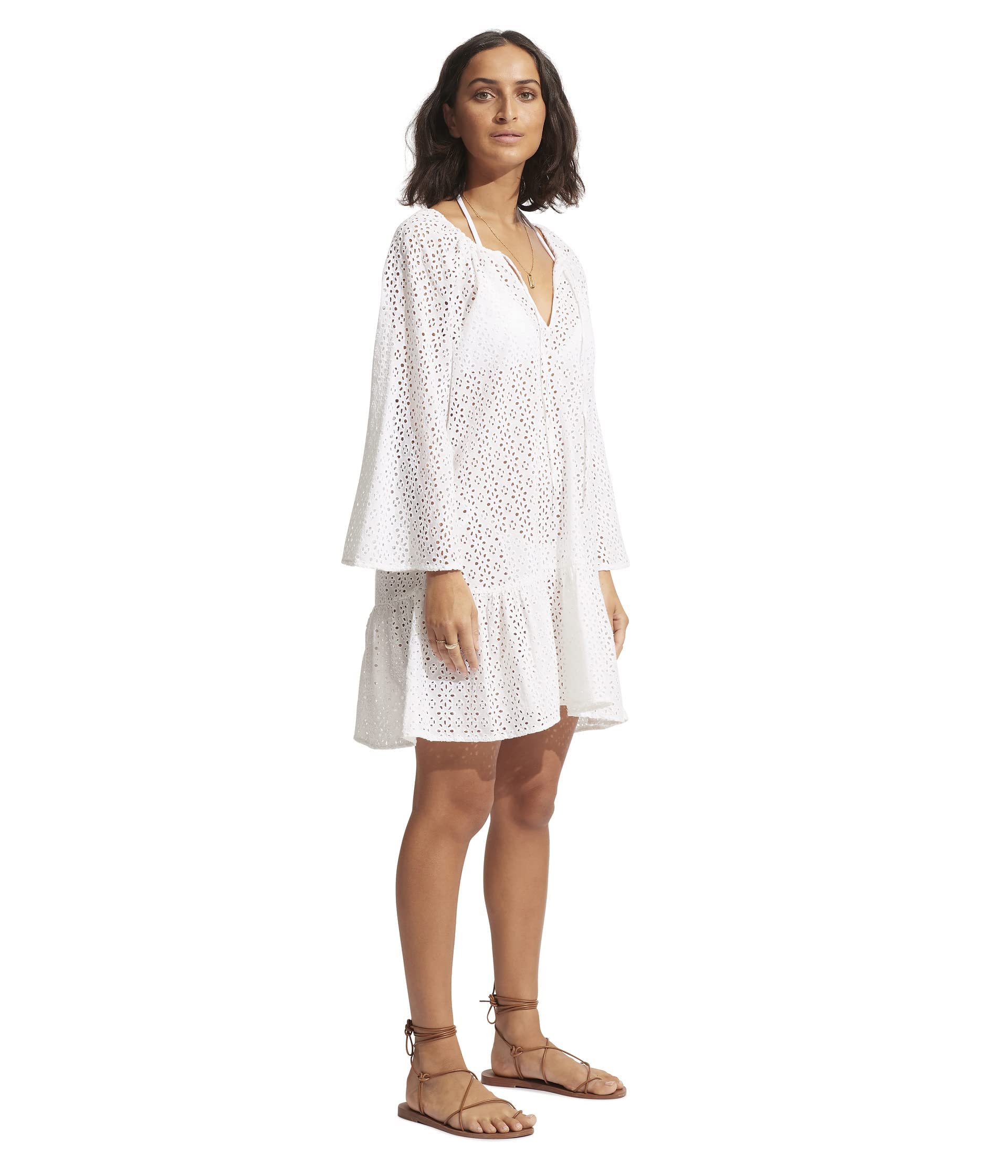 Seafolly Women's White Broderie Anglaise Beach Cover-Up XS | Lightweight Swimwear Cover Dress for Pool, Vacation & Summer Outfits