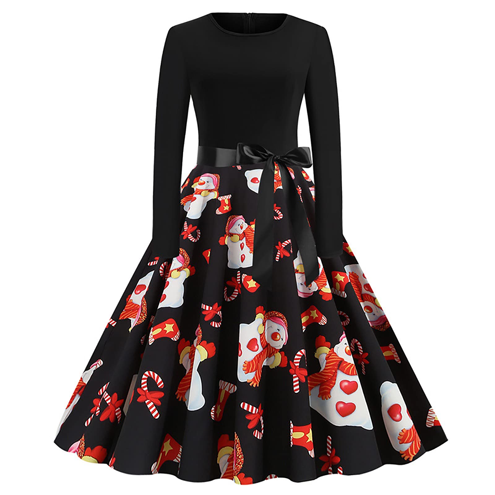 Vintage Christmas Long Sleeve Party Dress - Retro Floral Print Patchwork Cocktail Prom Dress with Crewneck & Zipper | Perfect for Holiday Parties, Christmas Gatherings & Special Occasions
