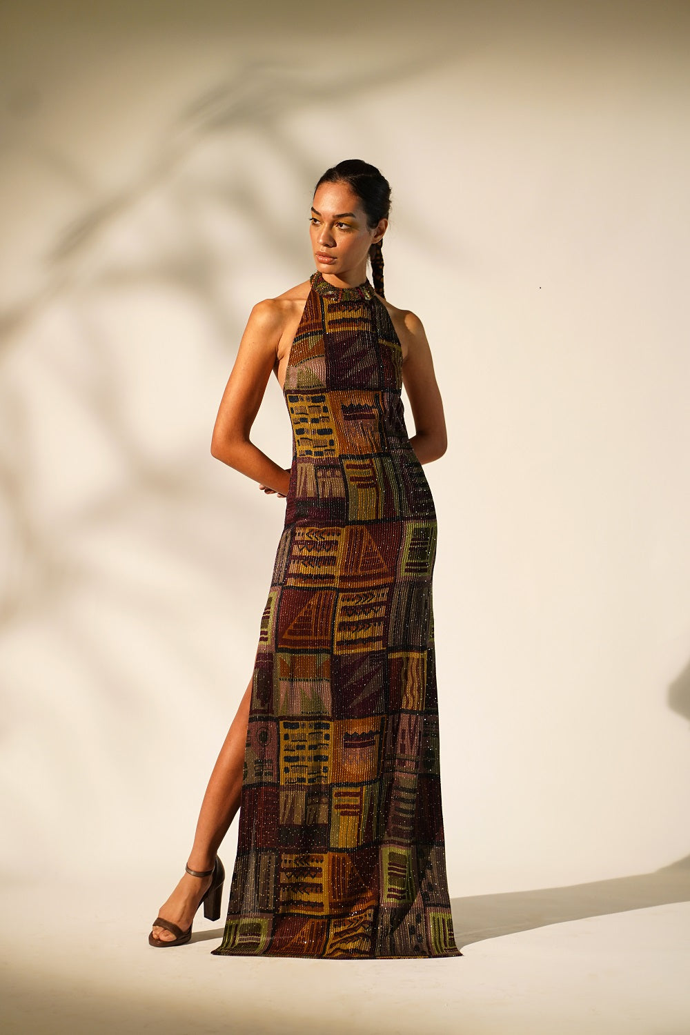 Stylish Multicolor Abstract Print Halter Neck Dress with Baroque Metallic Embellishments - Perfect for Cocktail Parties, Date Nights & Summer Vacations