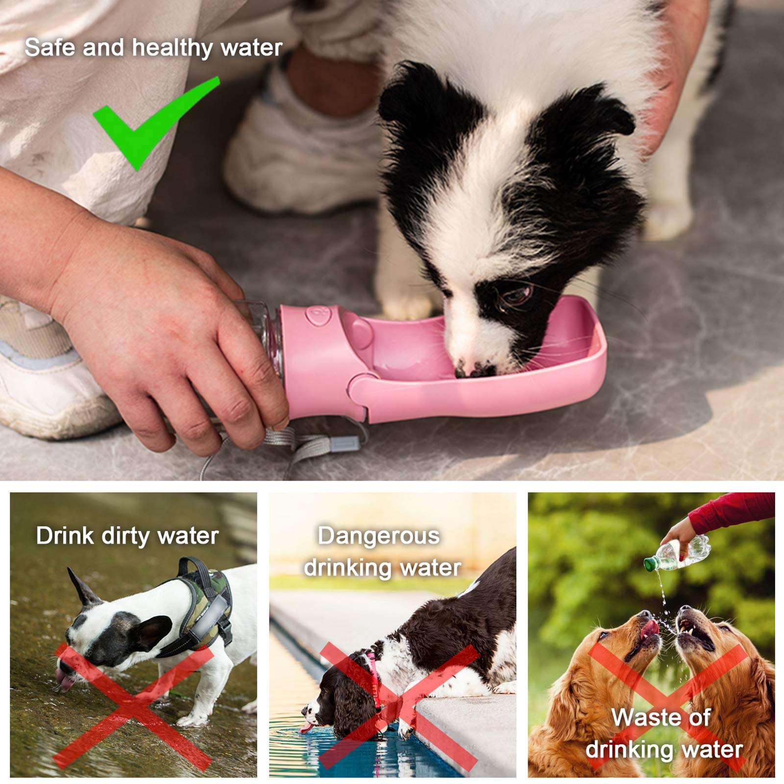 Foldable Dog Water Bottle - Portable Pet Water Dispenser for Dogs & Cats | Leak Proof, BPA-Free, Food Grade Plastic | Ideal for Outdoor Walking, Hiking, Travel, Camping & Daily Use (Pink)