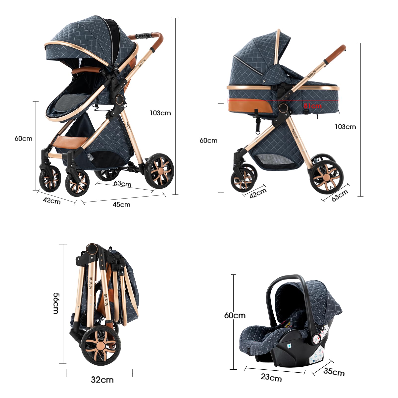 3 in 1 Baby Travel System - Convertible Reversible Stroller, Portable Foldable Pushchair & Infant Pram | Luxury High Landscape Buggy for Newborn (UDV9-PINK with Base) | Perfect for Shopping, Travel & Outdoor Walks