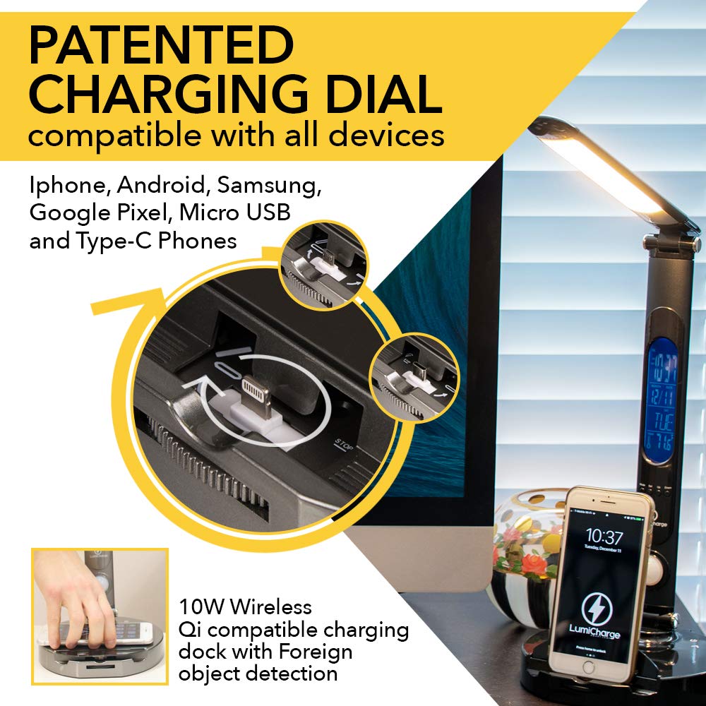 LumiCharge LED 6-in-1 Desk Lamp with Qi Wireless Charger - 10W Fast Charging Pad, Touch Control, Motion Sensor Light, Digital Clock Display | Universal Compatibility for Smartphones & Smartwatches | Modern Black | Perfect for Home Office, Bedroom Nightstand & Workspace Lighting