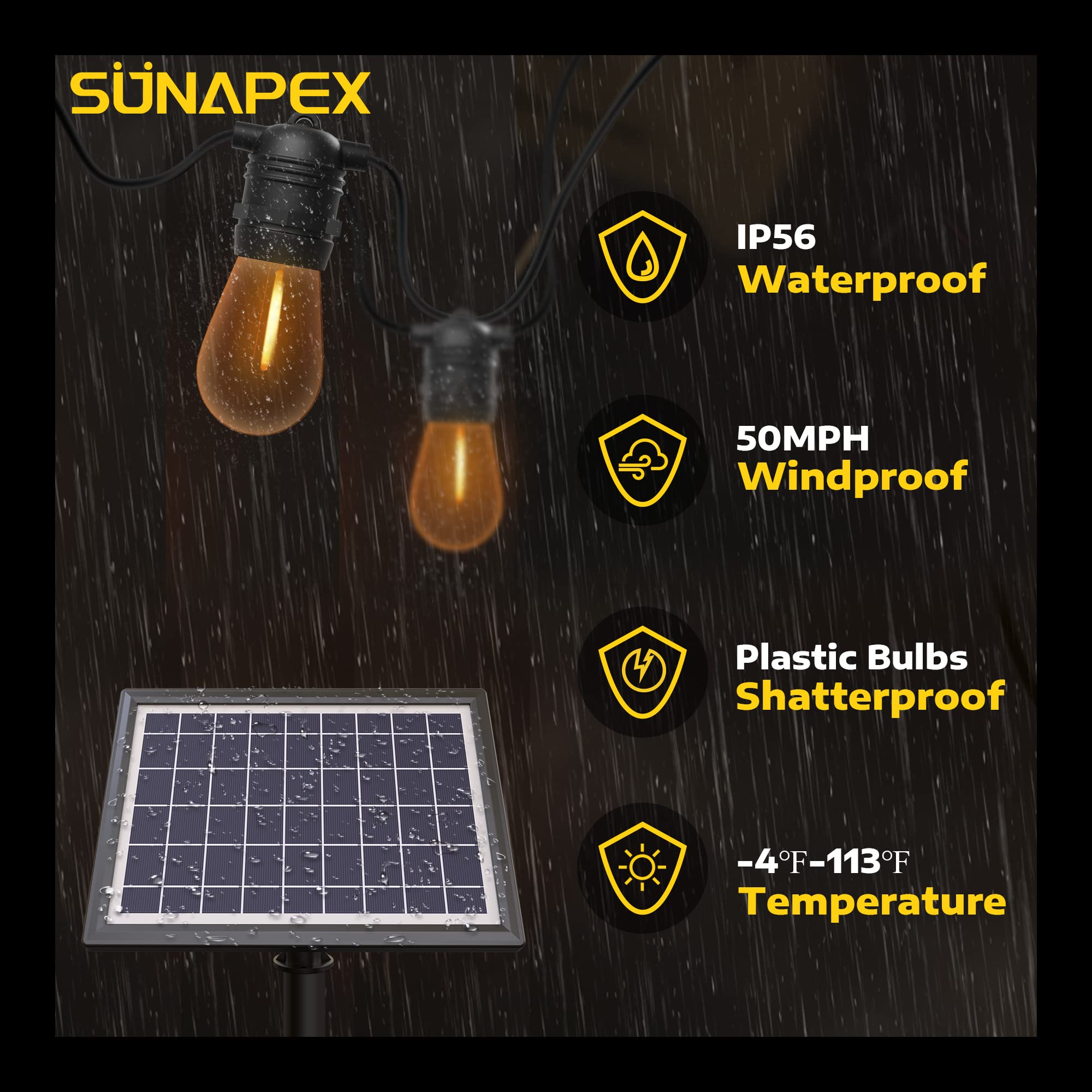 SUNAPEX 48FT Solar String Lights Outdoor Waterproof - Shatterproof Edison Bulbs, Solar Powered Patio Lights for Backyard, Garden, Camping & Decoration | Perfect for Outdoor Parties, Weddings & Nighttime Ambience