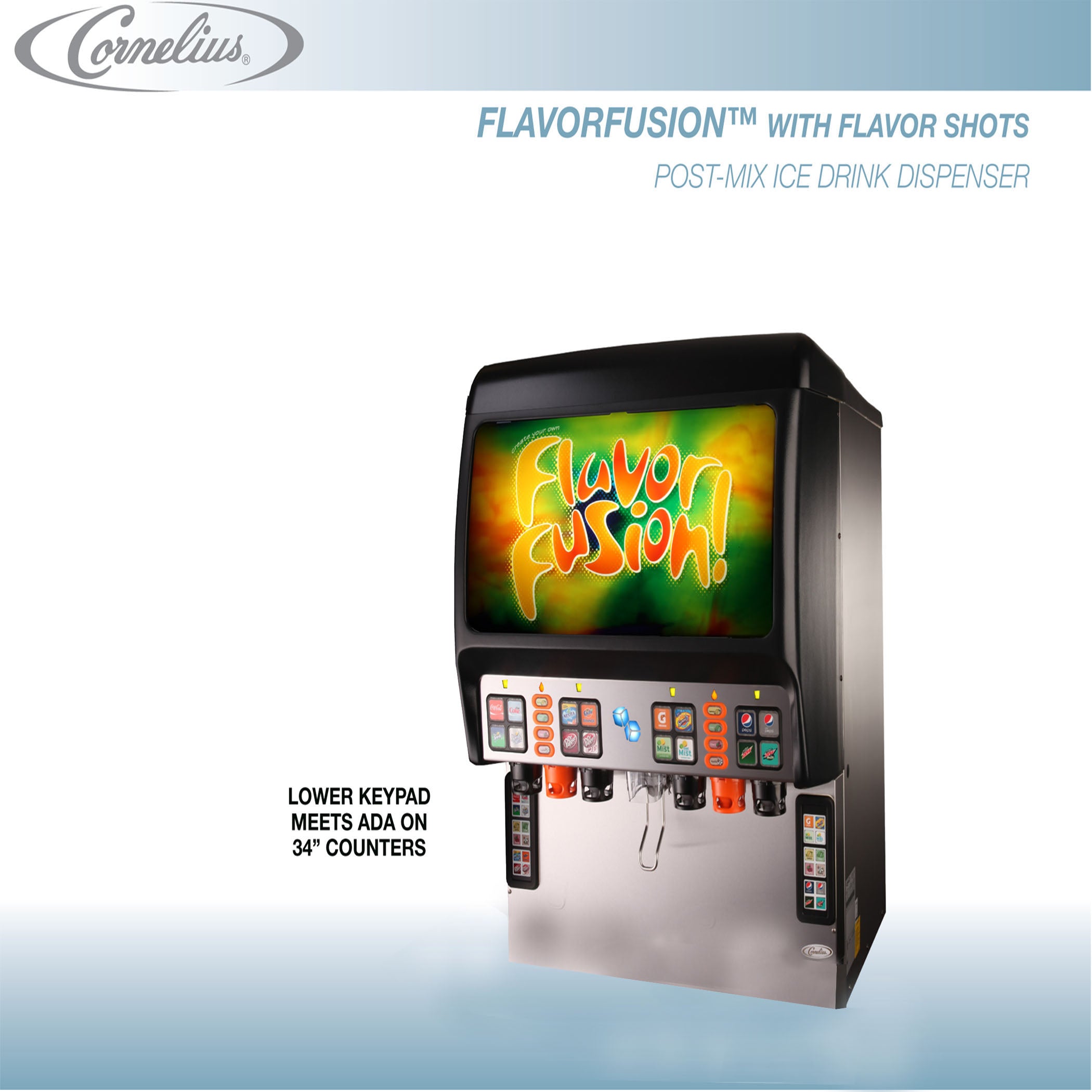 Cornelius 30-Inch Wide Space Saver 16 Drink Ice Combo Flavor Fusion & Cabinet Stand - Free Shipping | Perfect for Small Bars, Offices, and Home Use