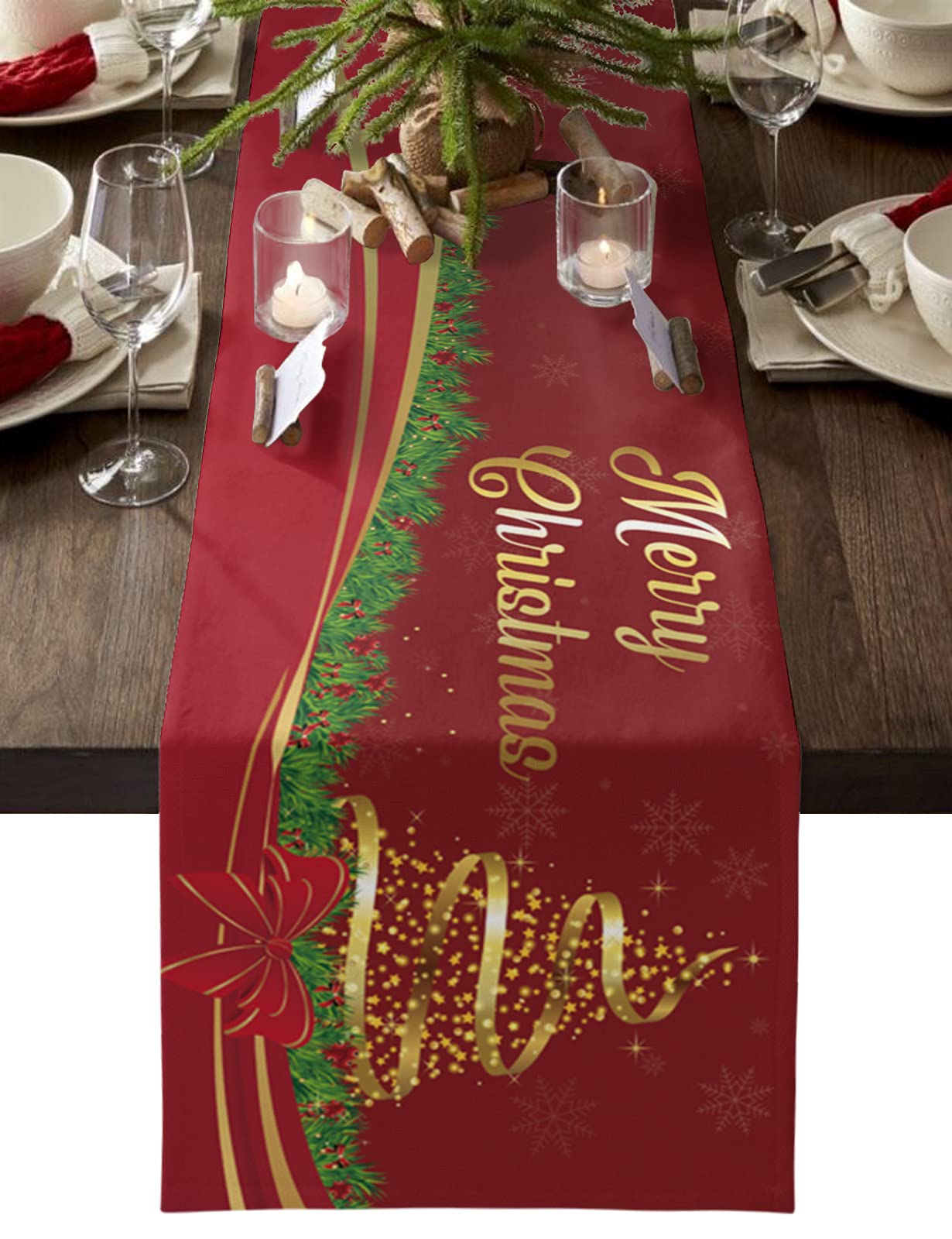 108 Inch Christmas Table Runner - Golden Xmas Tree Red Dining Table Scarf for Kitchen, Banquet & Holiday Decor | Perfect for Christmas Party, Farmhouse Decor & Coffee Table Settings