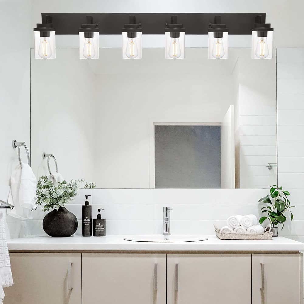 Oil Rubbed Bronze Bathroom Vanity Light - 6-Light Wall Sconce with Clear Glass Shade, Modern Wall Mount Lighting Fixture for Bathroom Mirror, Kitchen, Hallway & Bedroom - Perfect for Home Decor and Ambient Lighting