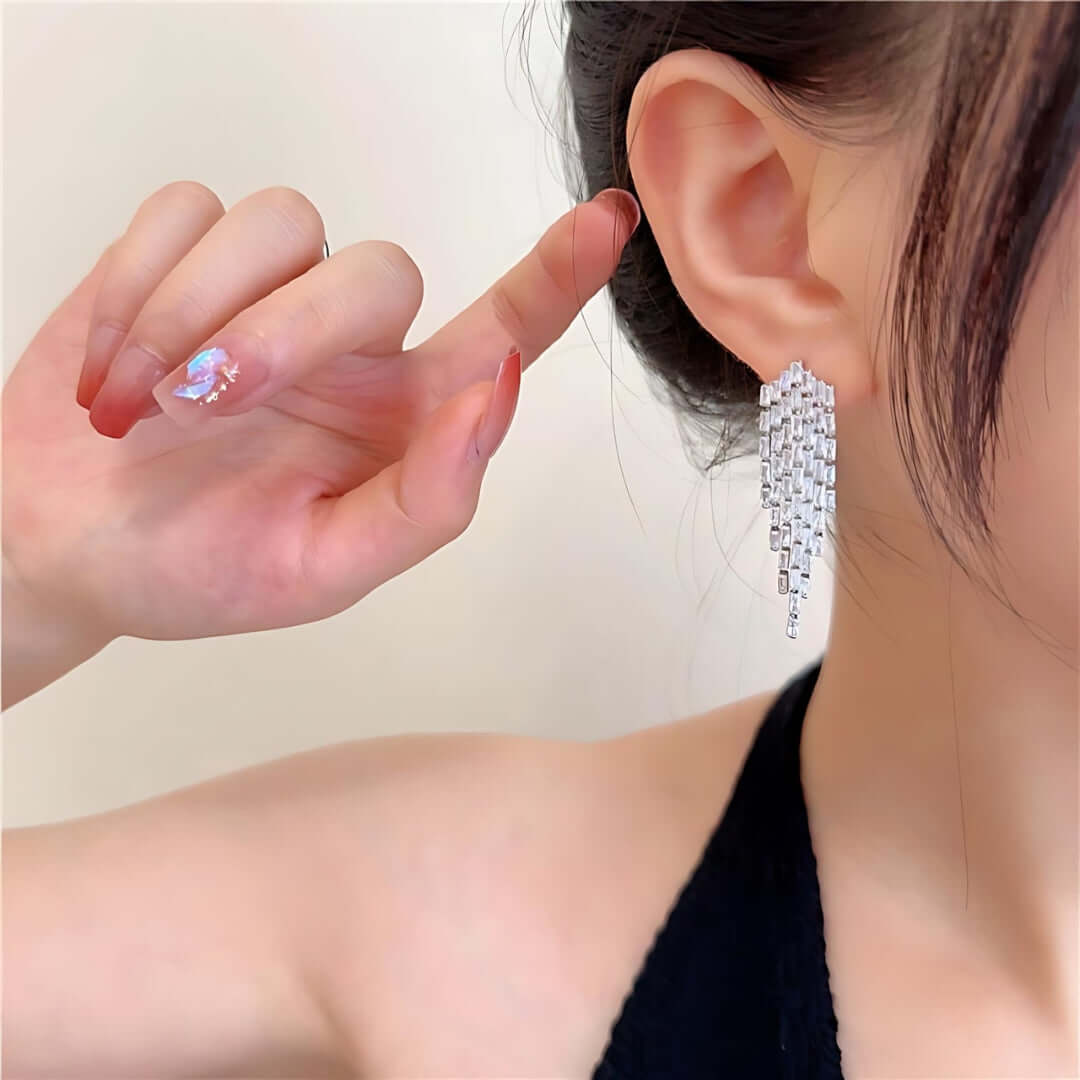 Sparkly Baguette CZ Tassel Waterfall Earrings for Women - Elegant Crystal Drop Dangle Earrings for Party, Wedding & Evening Wear | A7616