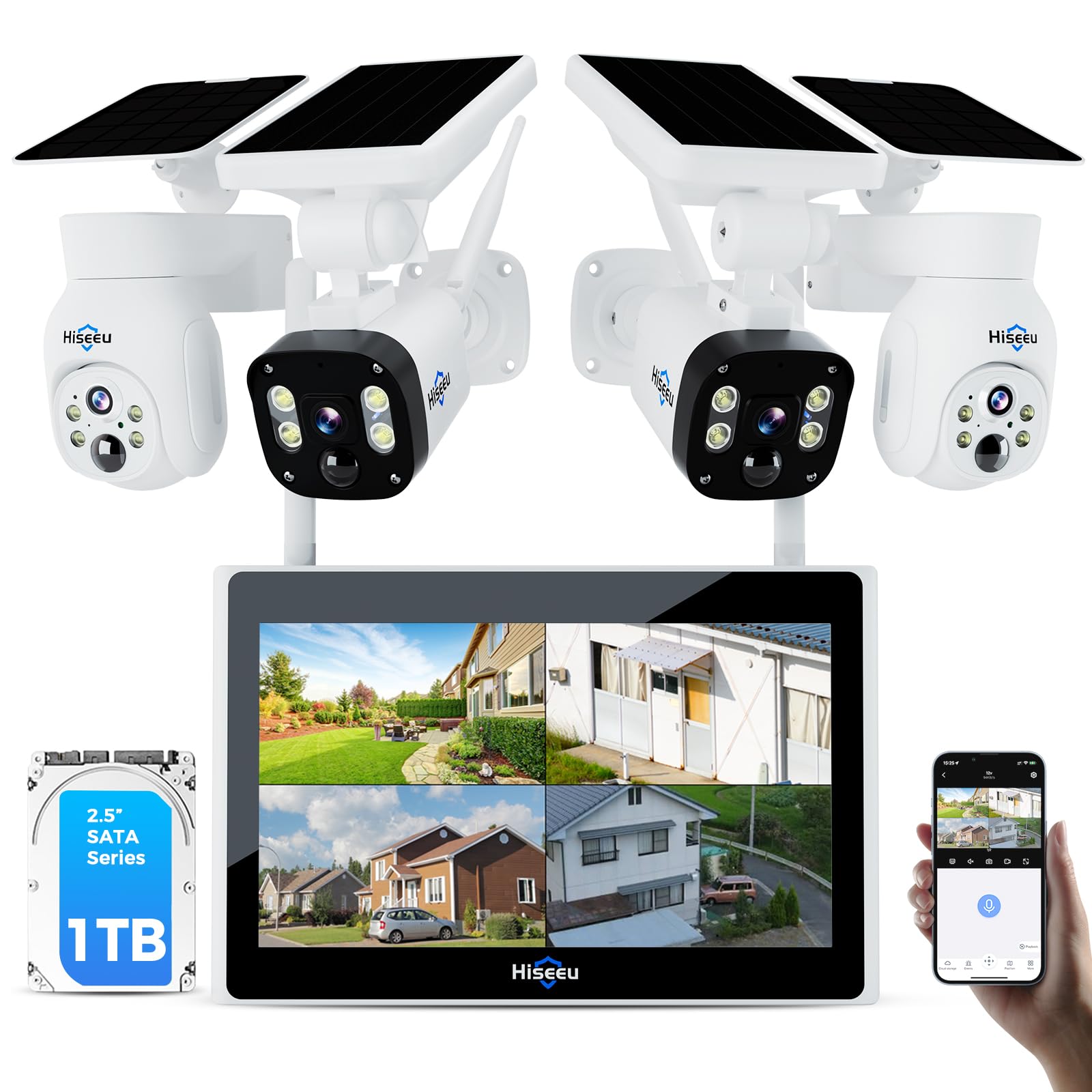 1TB HDD 4MP Solar Security Camera System - Hiseeu 10CH Wireless Outdoor PTZ Dome & Bullet Cameras with 10