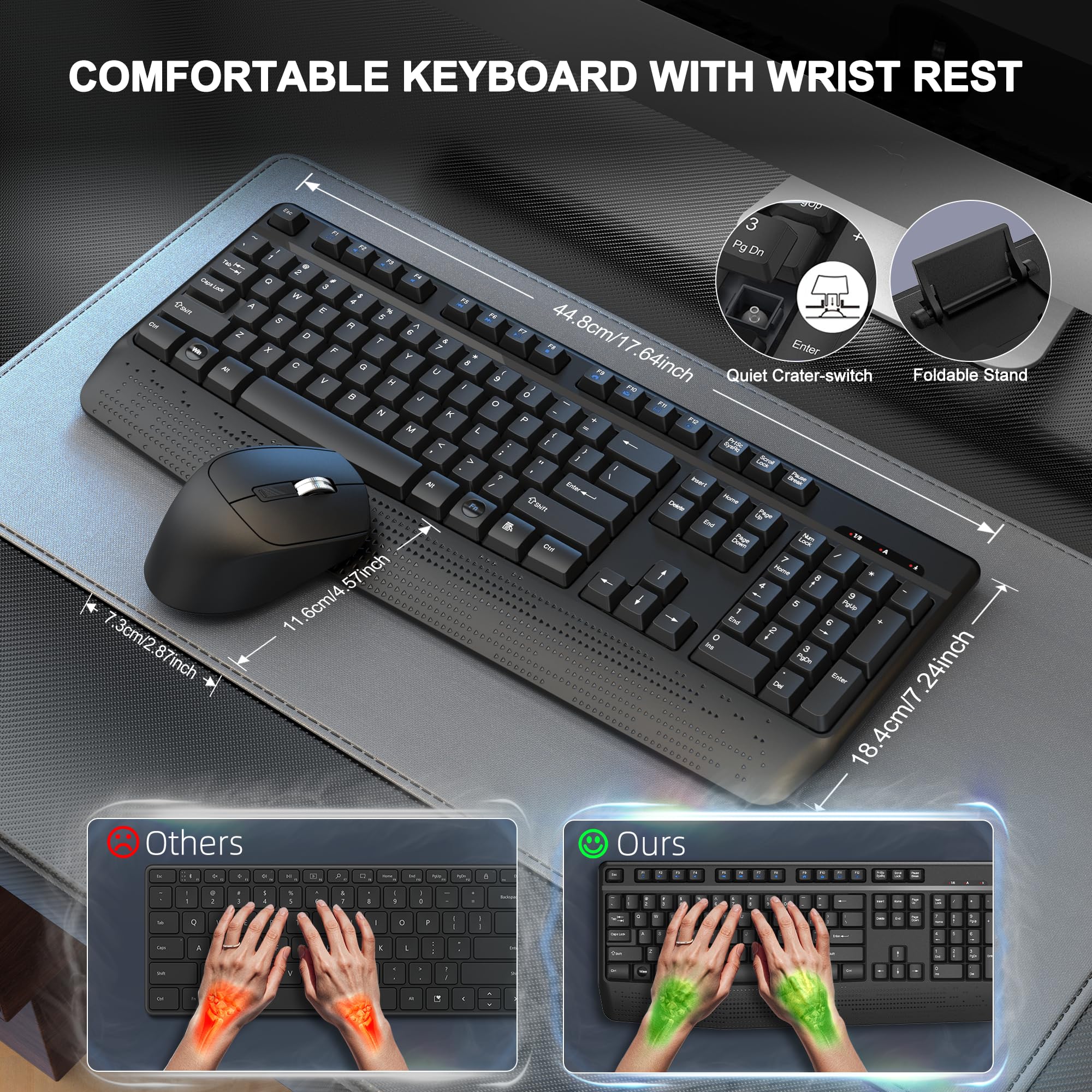 EDJO 2.4G Wireless Keyboard and Mouse Combo - Full-Sized Ergonomic Keyboard with Wrist Rest & Adjustable DPI Optical Mouse - Compatible with Windows/Mac PC Laptop - Perfect for Office Work, Gaming & Home Computing