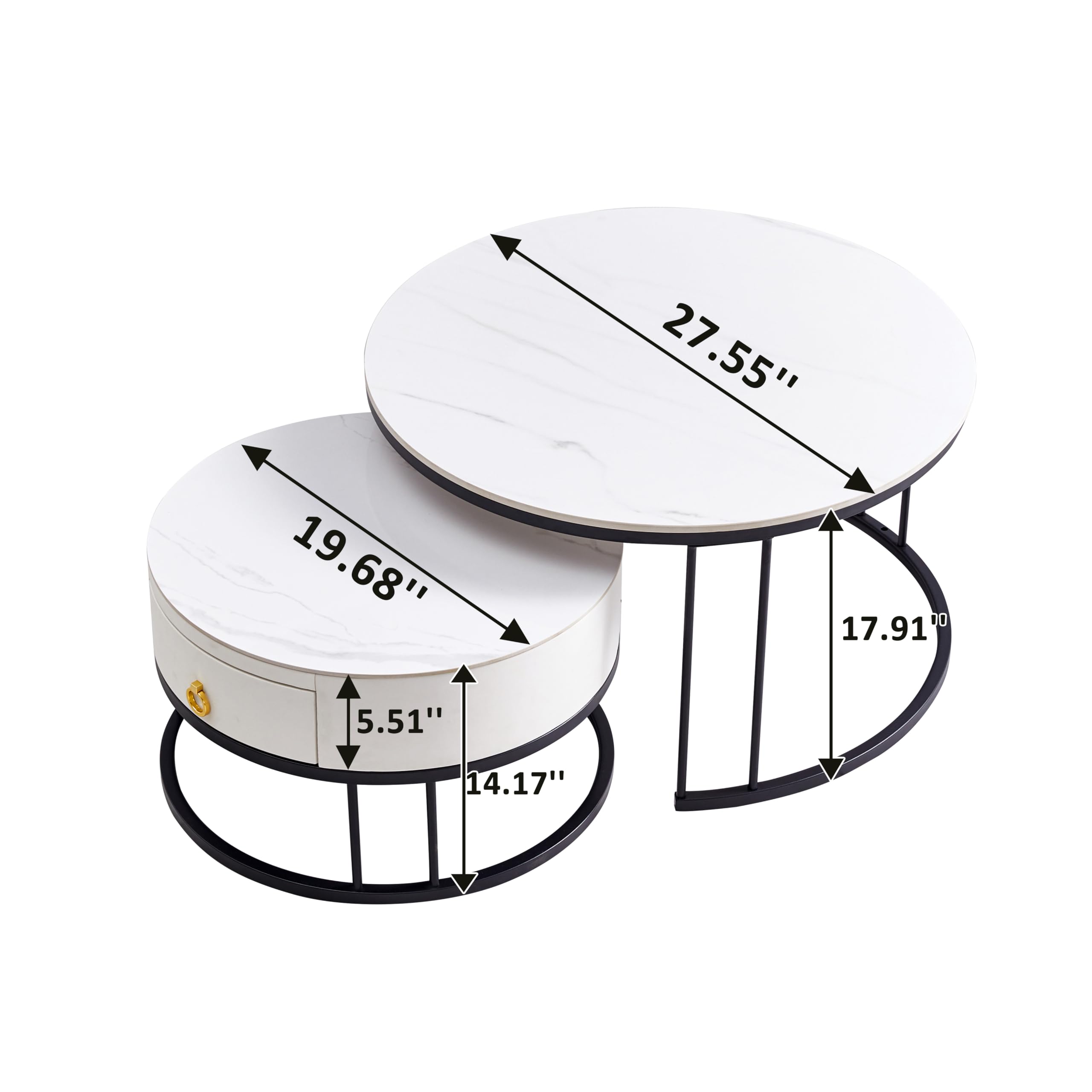 Modern Round Nesting Coffee Table Set of 2 with Sintered Stone Top & Metal Frame - Side End Tables with Hidden Storage Compartment for Living Room, Apartment, Office - Perfect for Small Spaces & Contemporary Home Decor