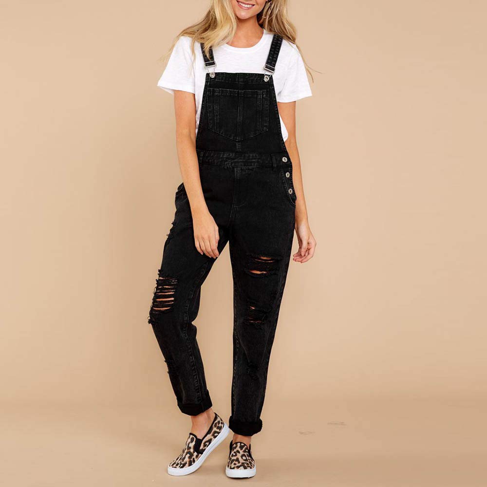 Cenlang Women's Black Ripped Denim Dungaree Overalls - Regular Fit Jumpsuit with Pockets | Casual Wear, Street Style, Workwear & Fashion Outfits