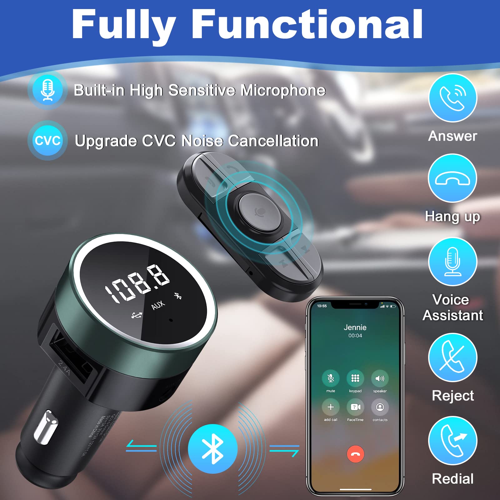 MEIDI Bluetooth Car Adapter - Wireless FM Transmitter with Remote Control & Dual USB Fast Charger - Hands-Free Car Kit for iPhone Android - MP3 Player & Noise Cancelling for Road Trips Commuting Music Streaming