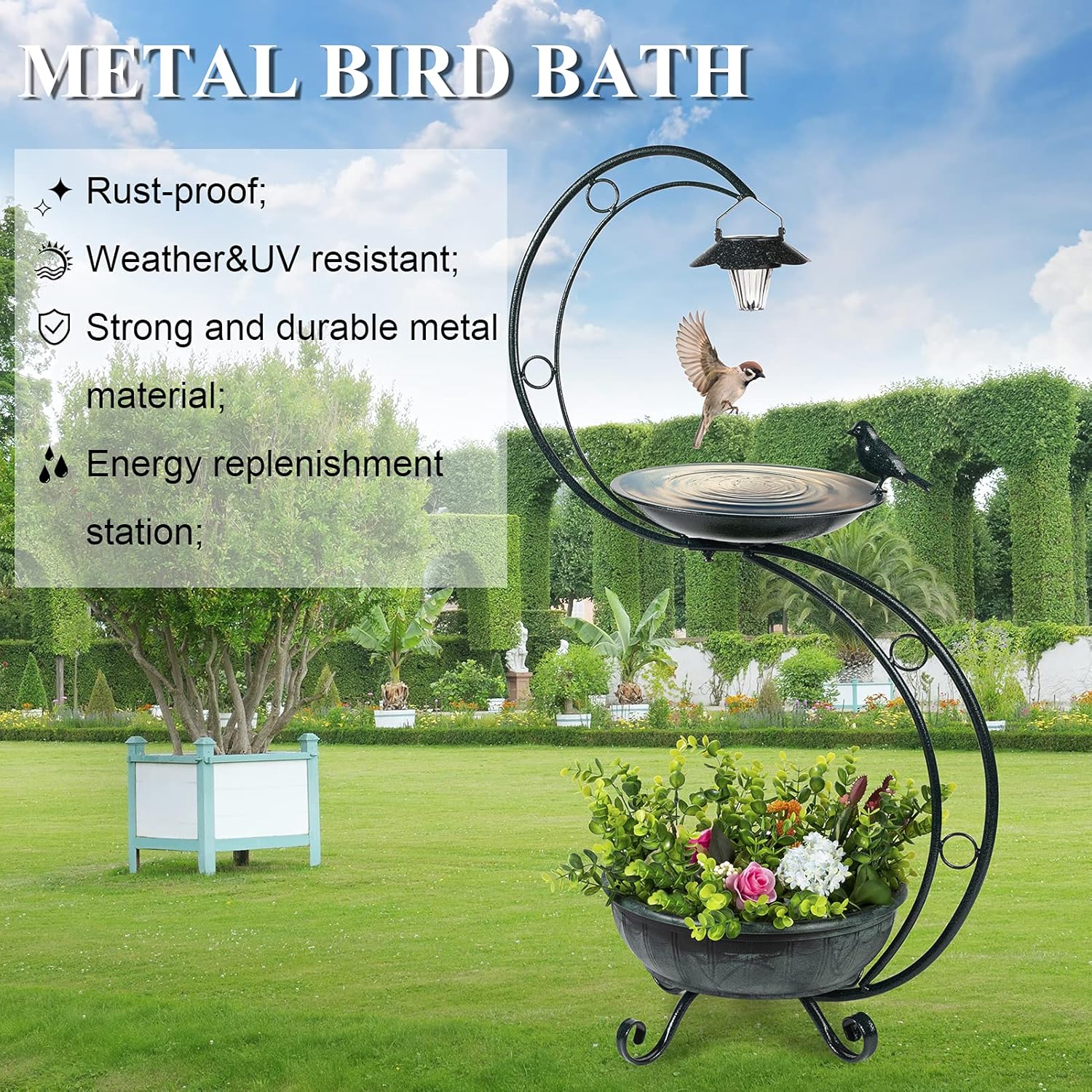 35.5 Inch Solar Powered Bird Bath with LED Lights & Planter - Metal Garden Lawn Decor for Outdoor Patio, Yard, and Backyard | SKU: S1259