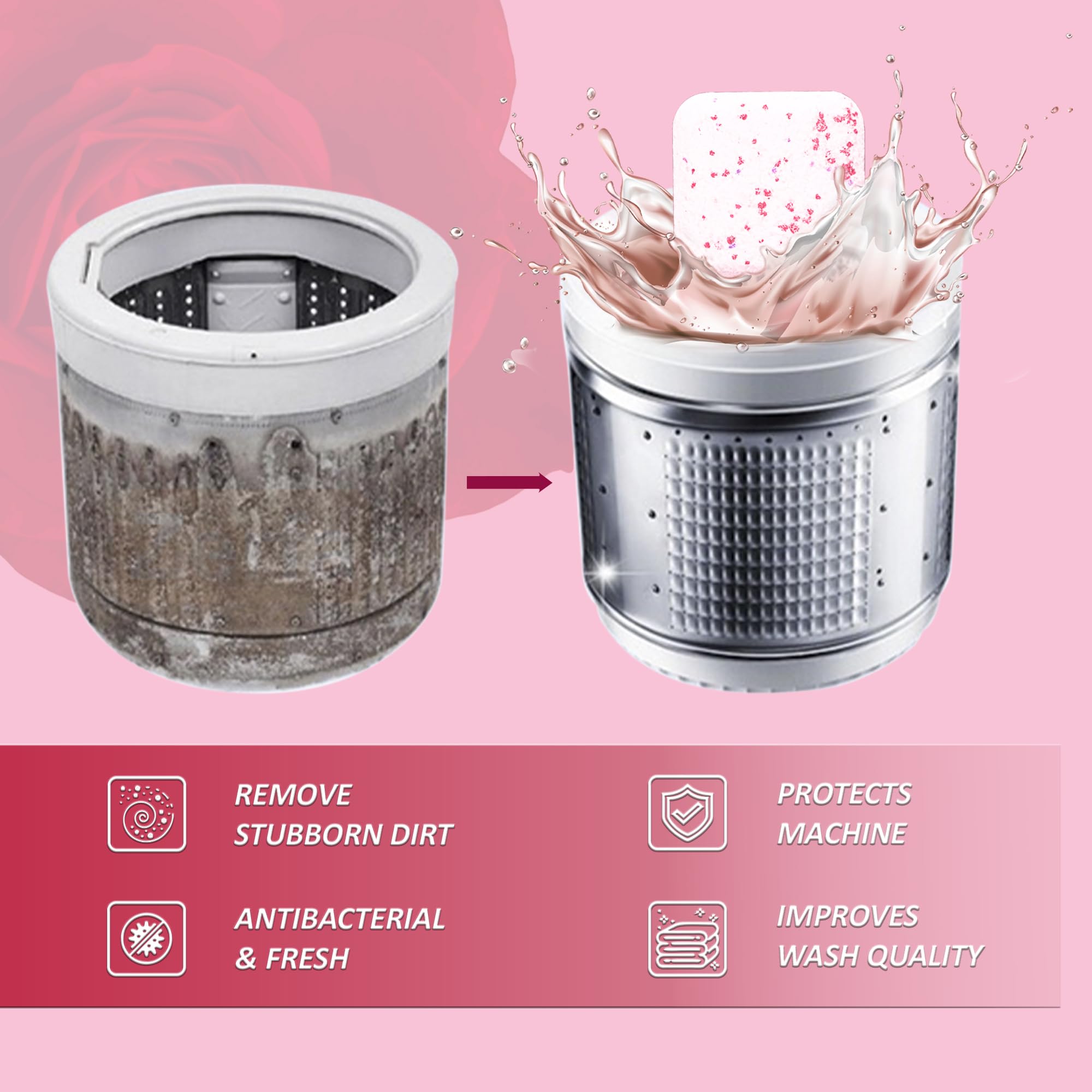 Zerfa 36-Pack Rose Scented Washing Machine Cleaner & Descaler Tablets - Deep Cleaning for Front & Top Load Washers - Removes Limescale, Odors & Stains - Ideal for Laundry Maintenance & Appliance Care