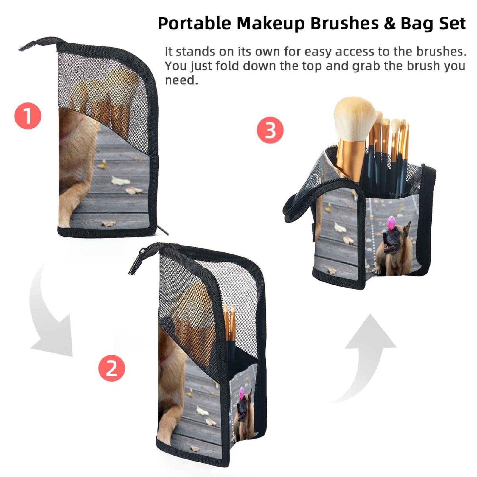 12-Piece Makeup Brush Organizer Bag with Portable Holder Case - Autumn Brown Dog Ball Design for Travel & Home Storage | Perfect Cosmetic Brush Set for Professional Artists & Beginners