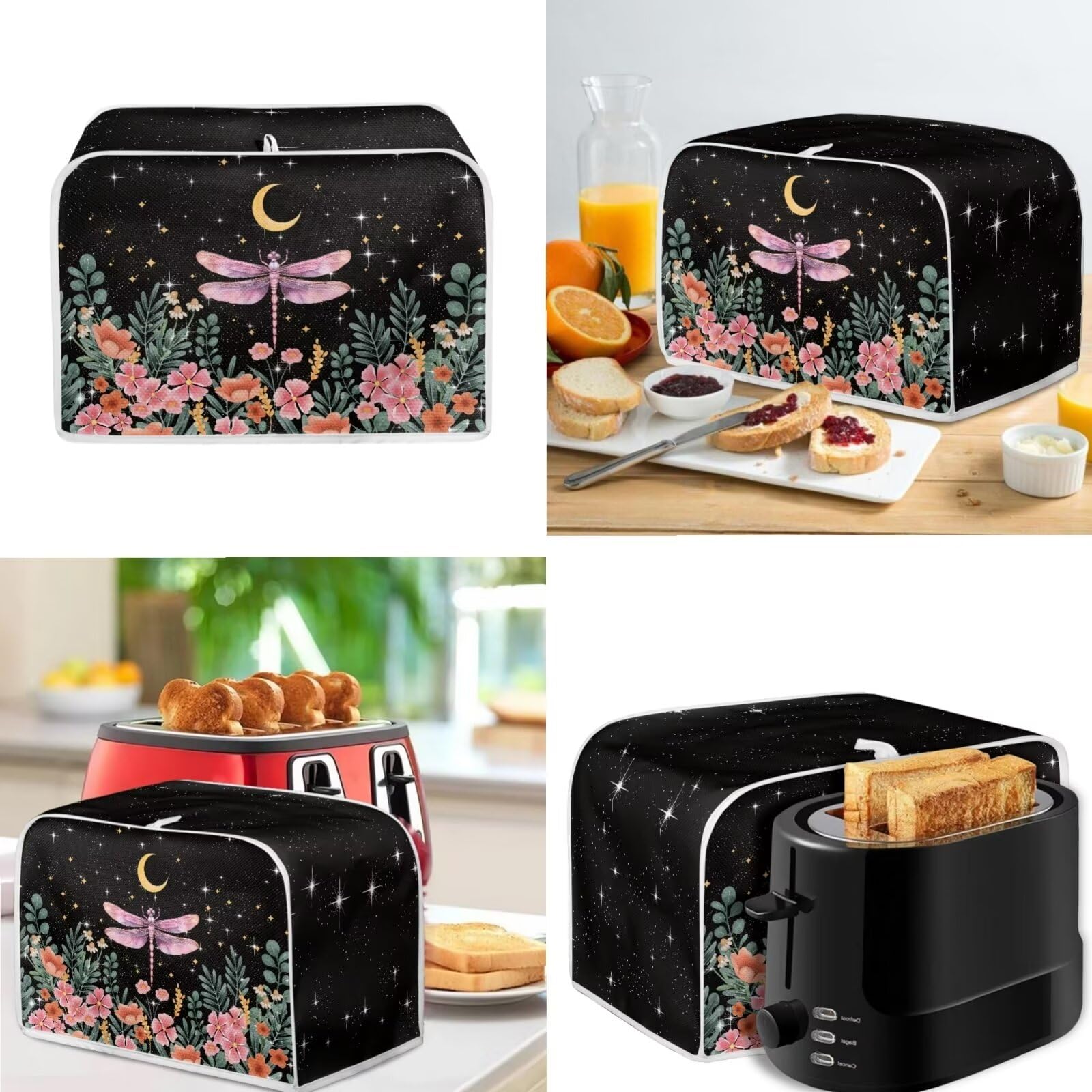Dragonfly Moon 2-Slice Toaster Cover & Bread Maker Oven Cover Set - Decorative Appliance Covers for Coffee Maker, Blender & Small Kitchen Appliances - Dust Protection with Top Handle - Perfect for Kitchen Countertop Organization & Home Decor