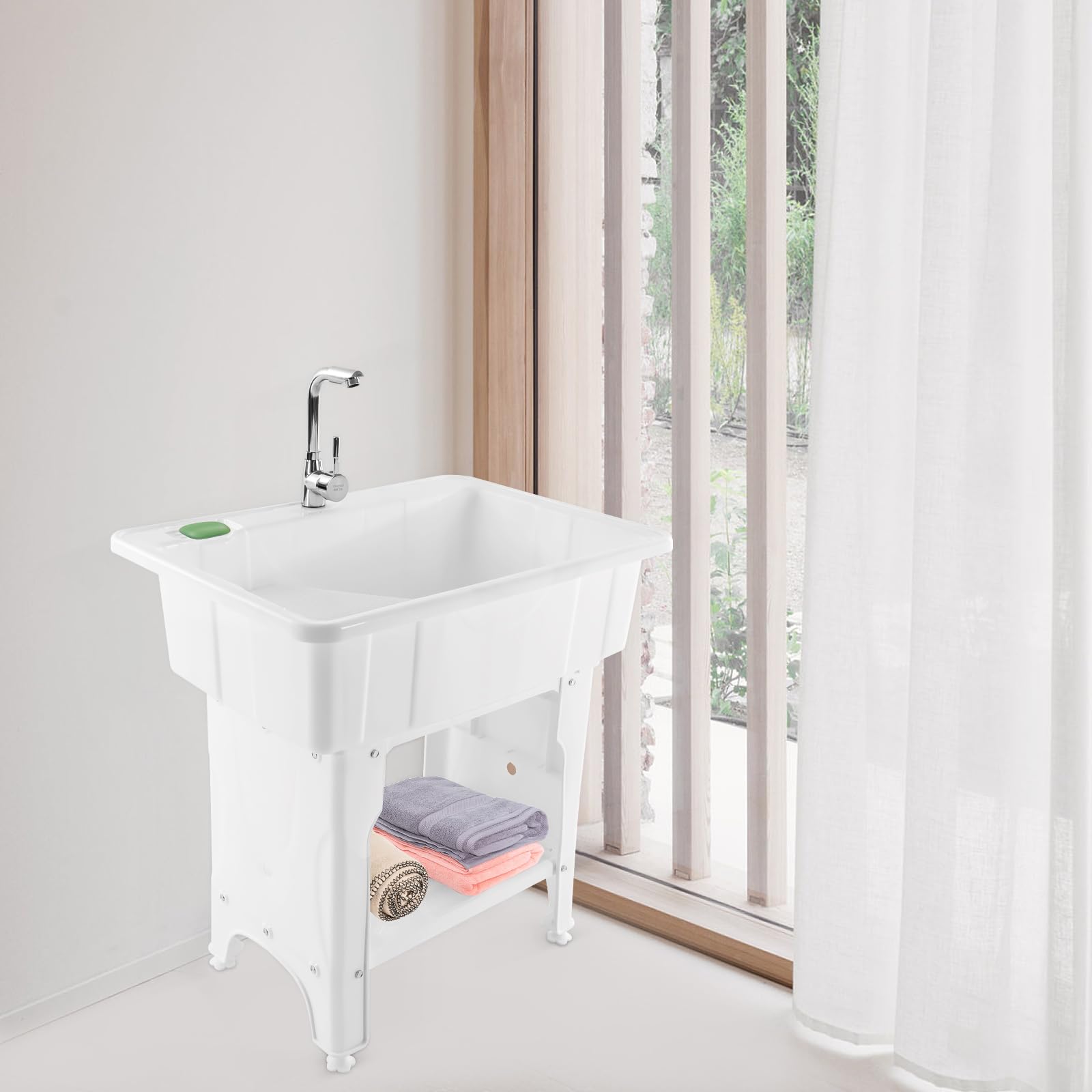 Freestanding Plastic Laundry Sink with Washboard - 25.59x21.65x31.5 Inch Utility Sink with Hot/Cold Faucet, Hoses & Drain Kit - Perfect for Garage, Basement, Garden & Outdoor Cleaning Tasks