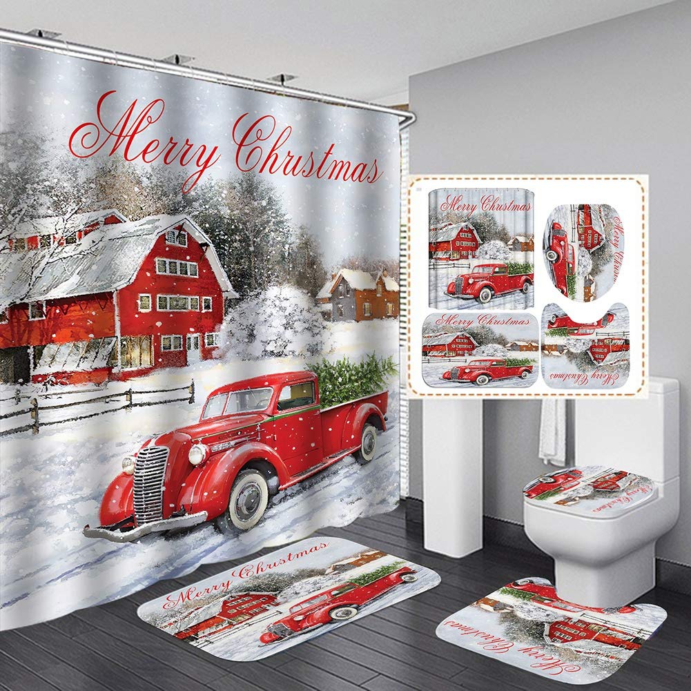 Ochine Vintage Red Truck Christmas Shower Curtain Set - Holiday Bathroom Decor with Retro Truck Design, Waterproof Fabric Shower Liner & Hooks - Perfect for Xmas, New Year Bathroom Decorations & Winter Home Décor