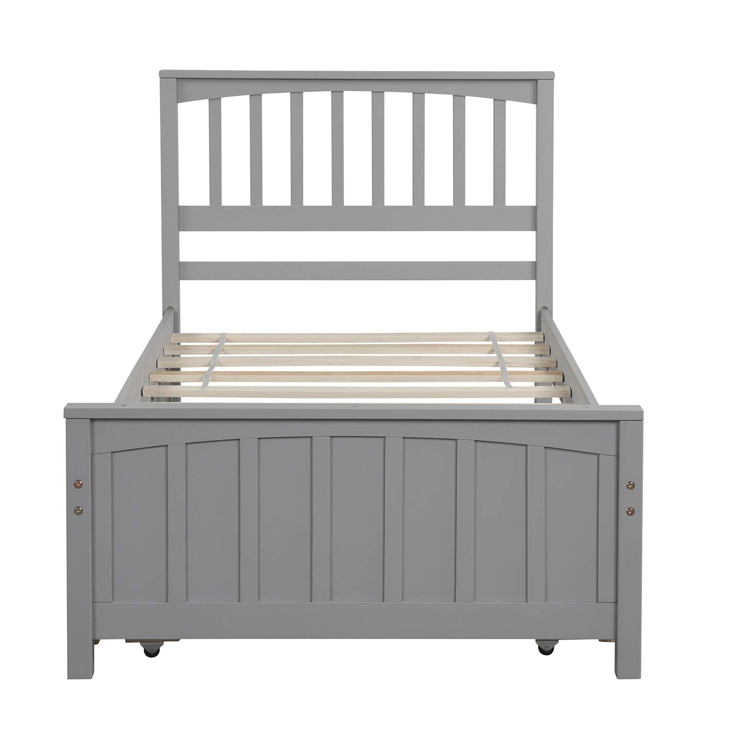 **Twin Size Solid Wood Platform Bed Frame with Trundle & Headboard - No Box Spring Needed - Grey - Perfect for Kids' Bedroom, Guest Room & Small Spaces**