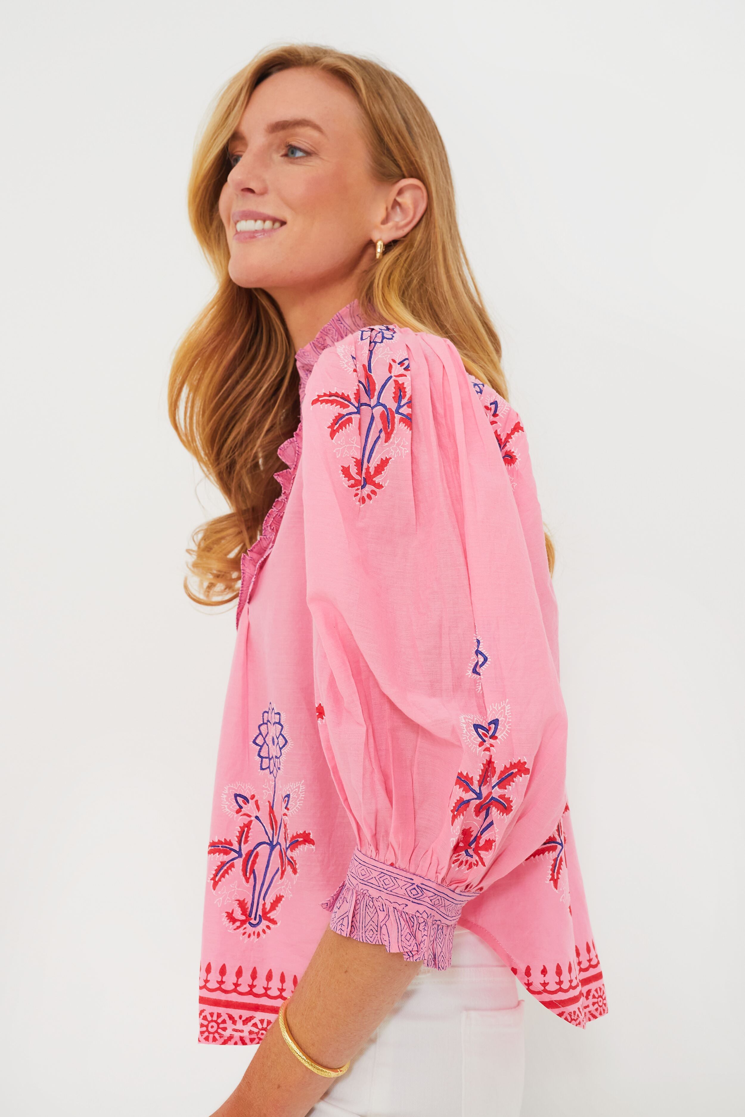 Boca Women's Pink Ruffle Front Button Down Blouse - Elegant Floral Print Casual Shirt for Office, Date Night & Spring Outfits