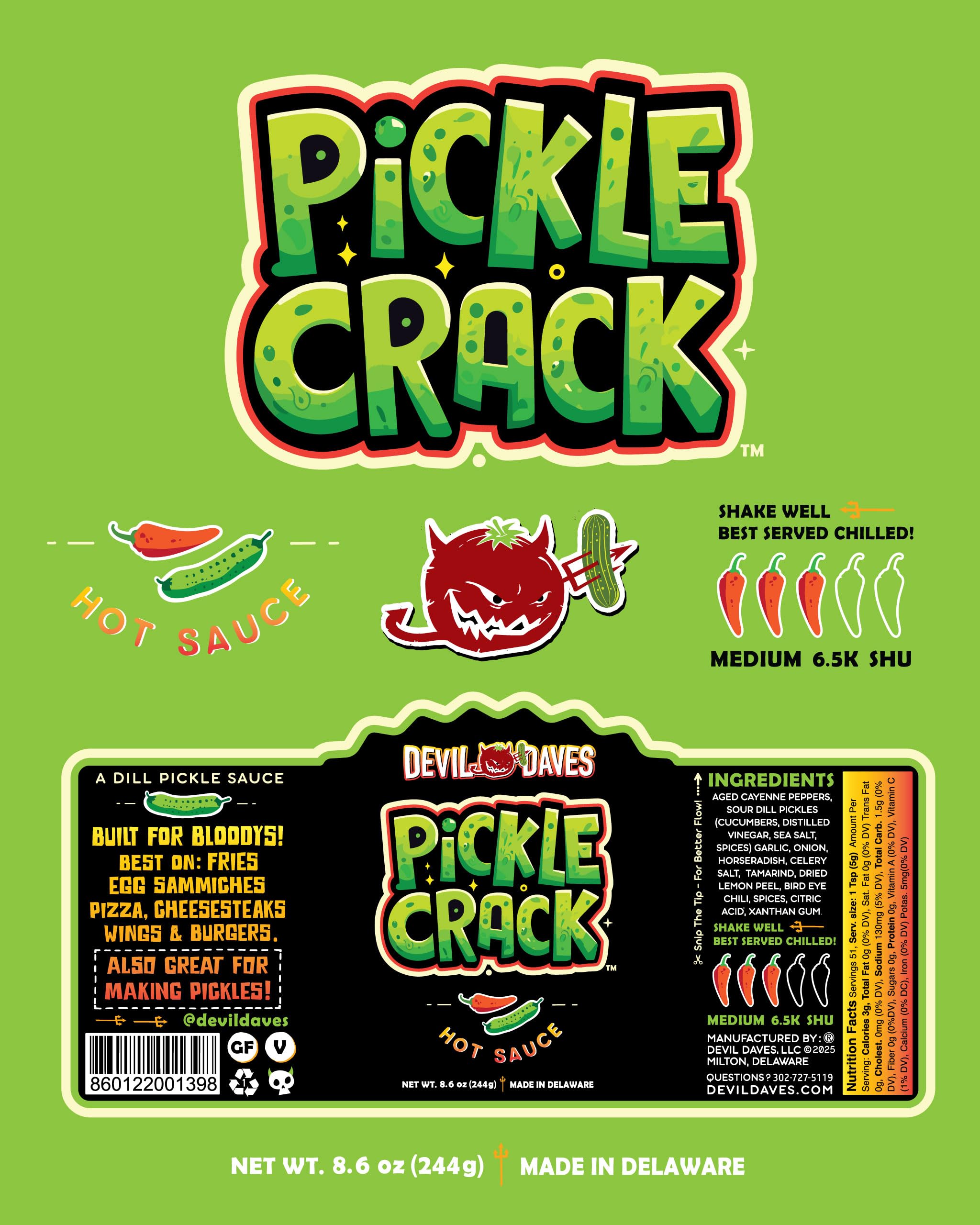 Devil Daves Pickle Crack Hot Sauce - Medium Heat Dill Pickle Flavor, 8.6 Oz Bottle | Perfect for Wings, Burgers, Tacos & Bloody Marys