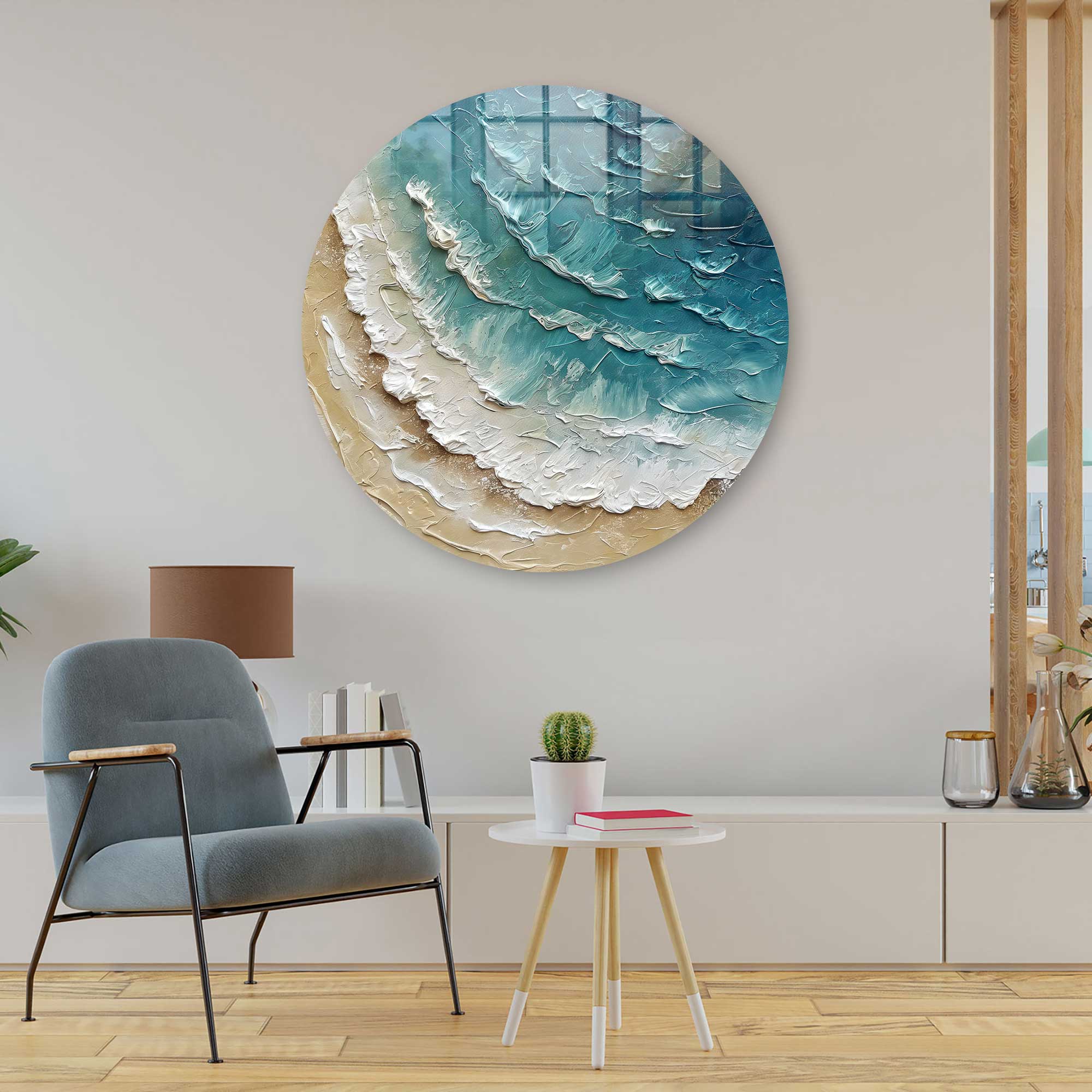 Modern Rounded Glass Wall Art with Ocean Wave Painting - Perfect for Living Room, Bedroom & Office Decor