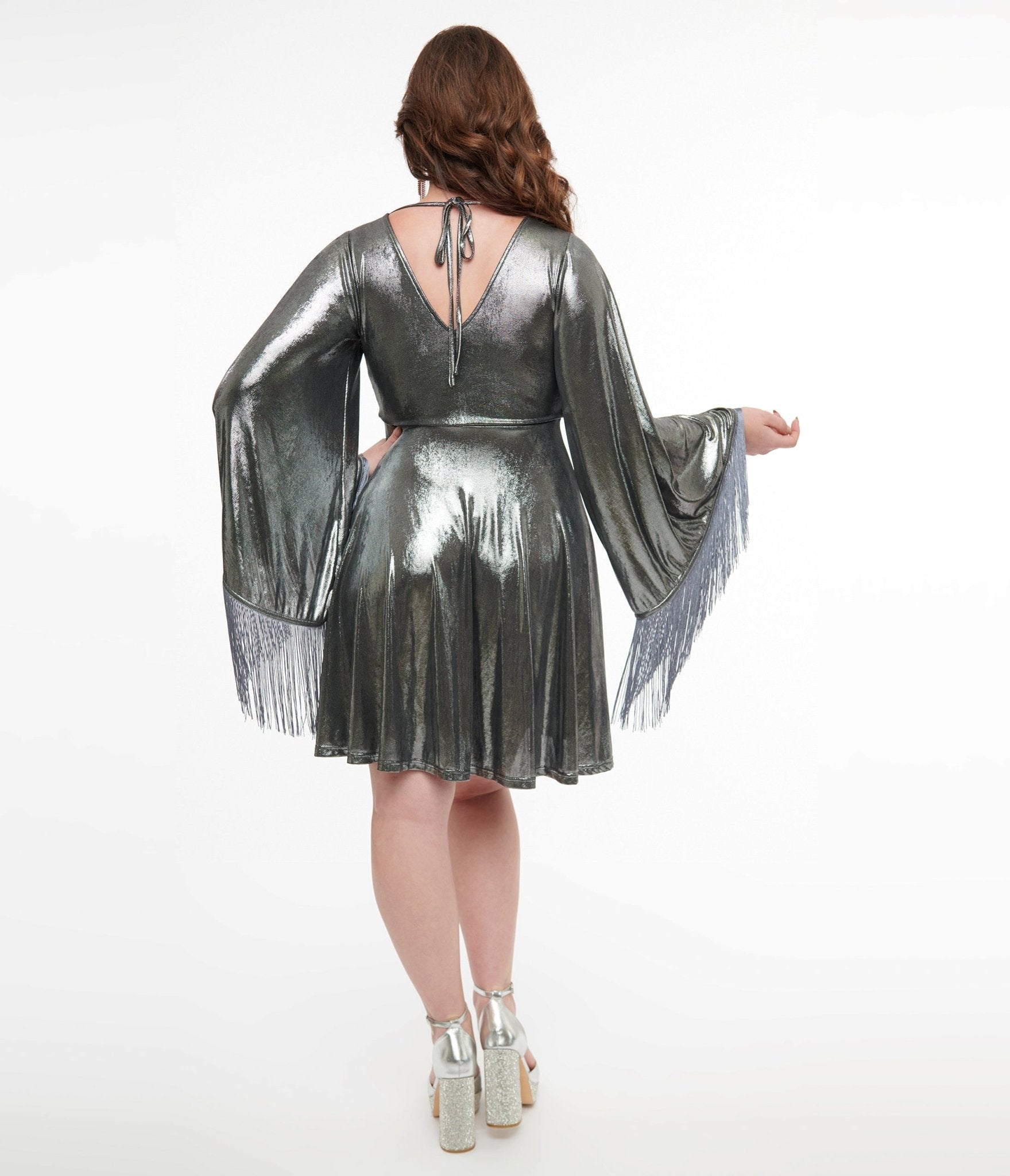 Smak Parlour 1970s Silver Metallic Fringe Fit & Flare Dress - Vintage Inspired Party & Evening Wear for Women