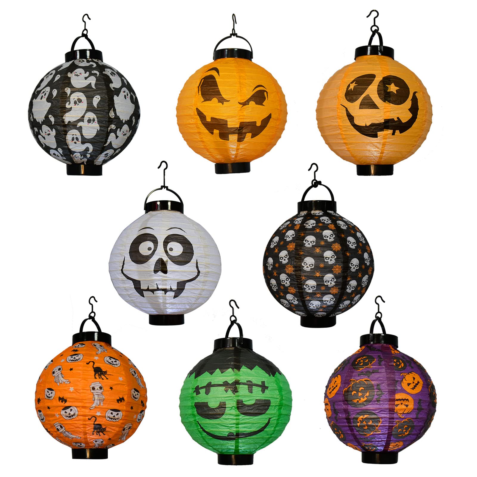 8PCS Halloween LED Paper Lanterns - Hanging Jack-O-Lantern, Spider & Skeleton Pumpkin Decor for Indoor/Outdoor - Spooky Party Supplies (8 Inch) - Perfect for Halloween Home Décor & Themed Parties