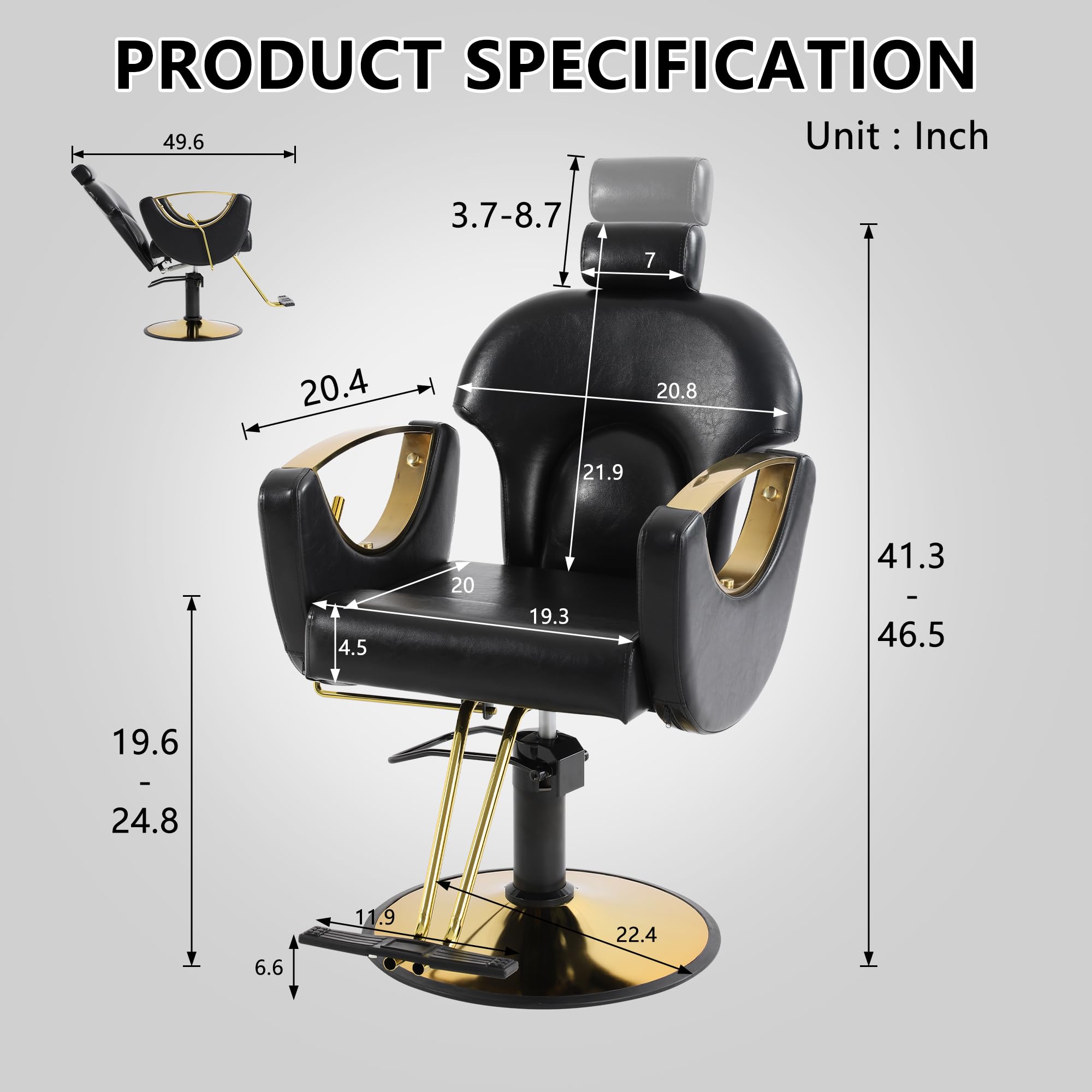 KIGOTY Professional Barber Chair - Adjustable Height Reclining Salon Chair for Hair Stylists & Tattoo Artists - Multi-Functional Shampoo & Beauty Chair - Black - Ideal for Hair Salons, Barbershops & Tattoo Studios