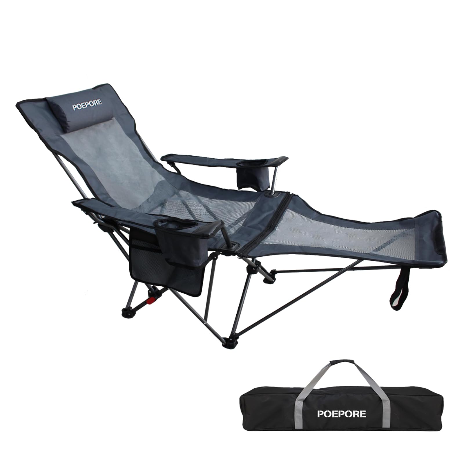 Reclining Camping Chair with Removable Footrest & Headrest - Portable Adjustable Folding Lounge Chair with Cotton Cushion for Adults - Perfect for Outdoor Camping, Beach Relaxing & Backyard Lounging