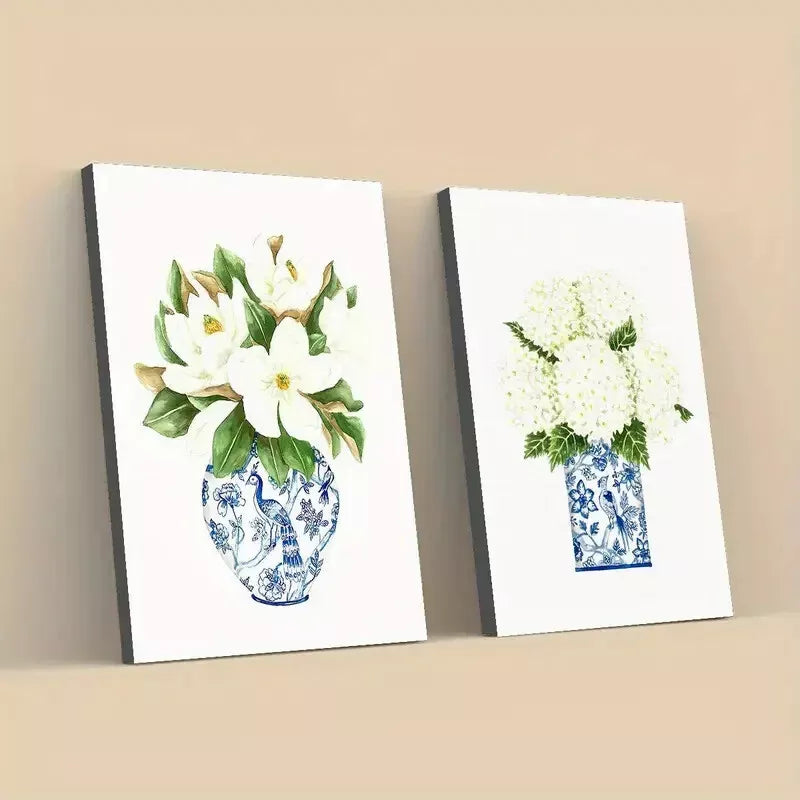 2-Piece Floral Blue and White Porcelain Vase Wall Art Set - 50x75cm High Quality Canvas Print | Australian Made | Ready to Hang | Perfect for Living Room, Bedroom & Office Decor