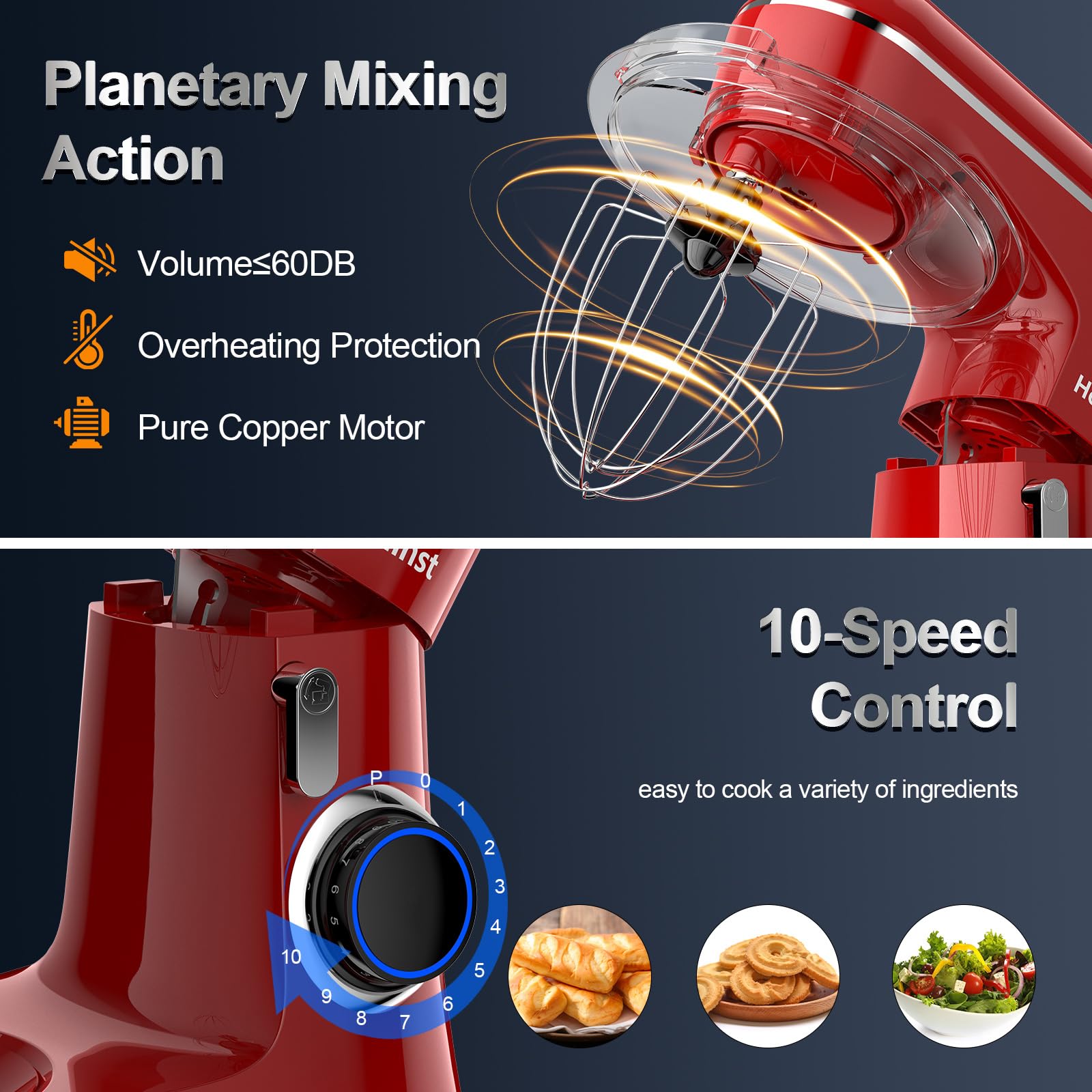 6.5QT 10-Speed Tilt-Head Electric Stand Mixer - 3-in-1 Kitchen Mixer with Stainless Steel Bowl, Dough Hook, Whisk & Beater - Professional Baking Mixer for Cakes, Cookies, Bread & Dough - Perfect for Home Bakers & Cooking Enthusiasts (Red)