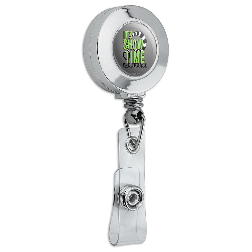 Beetlejuice 'It's Showtime' Quote Retractable Badge Reel - Chrome ID Card Holder Clip for Work, Events & Cosplay | Official Licensed Merchandise