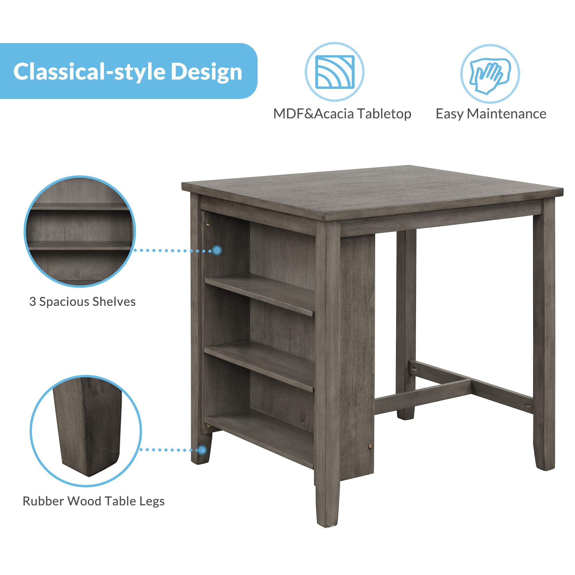 3 Piece Wooden Dining Table Set with 3-Tier Storage Shelf & Padded Stools - Compact Bar Pub Table for Small Spaces, Rustic Farmhouse Counter Height Set, Dark Gray (36