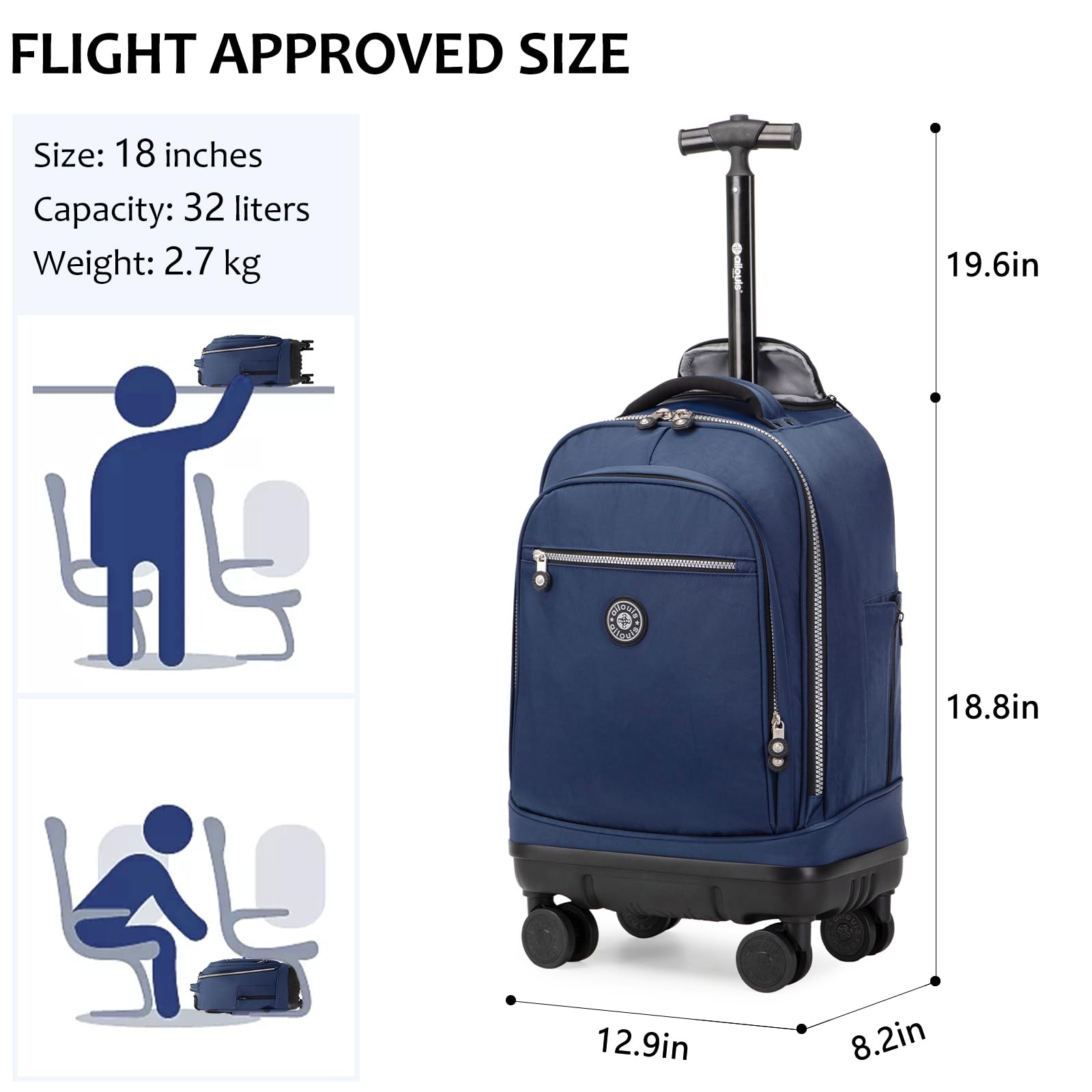 18 Inch Rolling Backpack with Detachable Wheels - Wheeled Laptop Backpack for Travel, School & Work - Carry On Luggage for Men & Women - Perfect for Airplane, Commuting & Business Trips