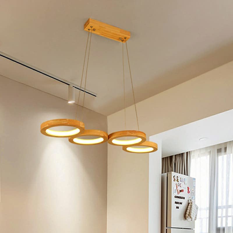 Dimmable LED Pendant Light with Wood & Acrylic Shade - Remote Control Stepless Dimming, 4 Rings, Modern Kitchen Island Lighting for Restaurants & Dining Rooms | Perfect for Home Decor & Commercial Spaces