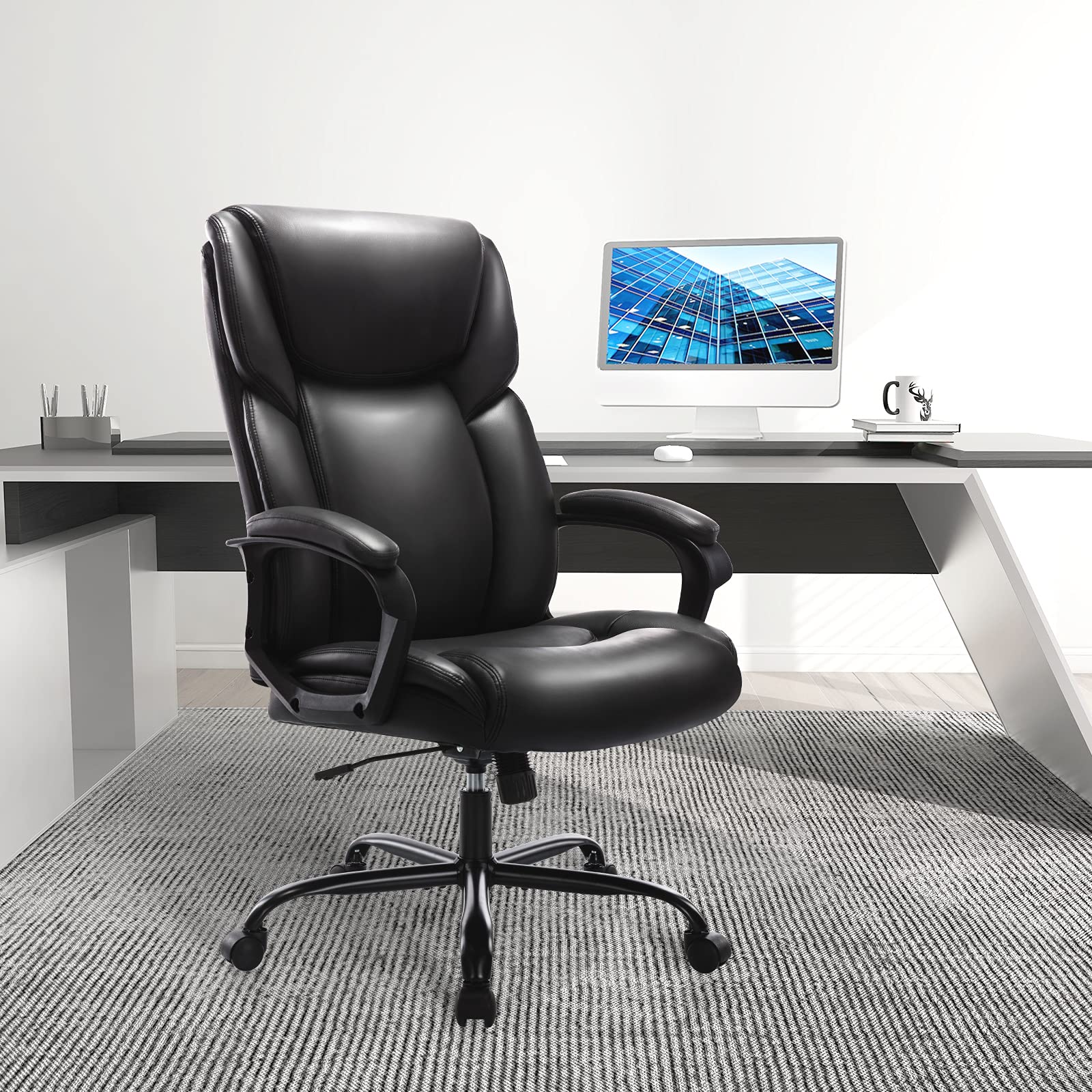 Premium High Back Executive Office Chair - Adjustable Ergonomic Managerial Swivel Task Chair with Lumbar Support, PU Leather, Rolling Casters - Perfect for Home Office, Computer Work & Conference Rooms (Black)