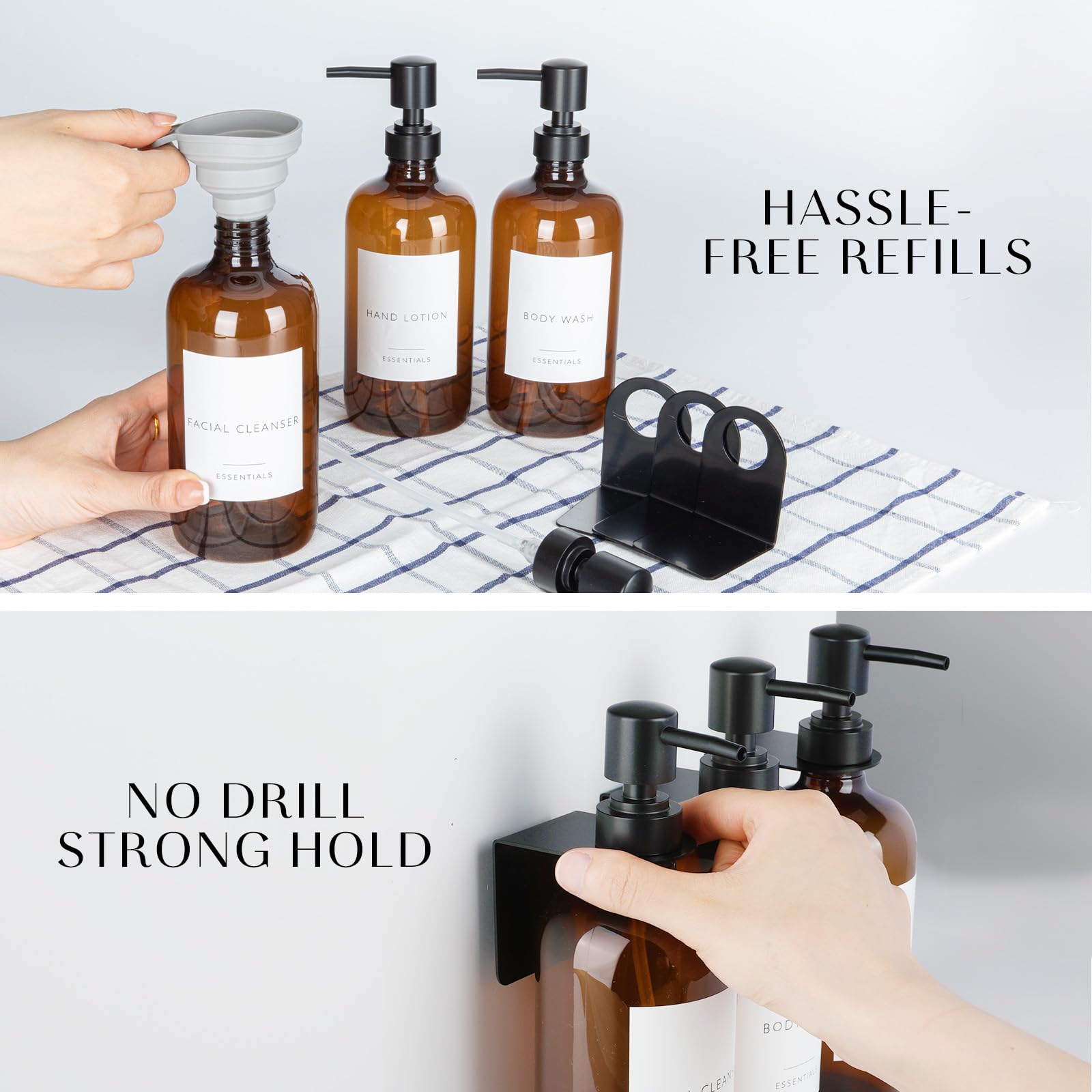 Nellyke 3-Pack 21oz Shower Soap Dispenser Set - Wall Mounted No Drill Shampoo & Conditioner Bottles with Pump & Labels - Brown Bathroom Body Wash Dispenser for Home, Hotel & Kitchen Use - Perfect for Shower Organization & Space Saving