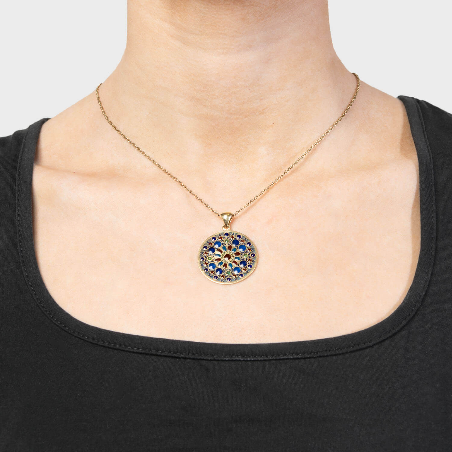 18K Gold French Plique à Jour Disc Pendant Necklace - Vintage Elegant Jewelry for Women, Perfect for Weddings, Parties & Special Occasions