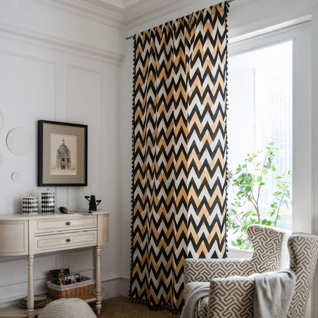 BERTERI Bohemian Tassel Curtains - Black & Gold Wave Pattern Printed Cotton Linen Window Drapes for Kitchen, Bedroom & Balcony | Elegant Window Treatments for Home Decor
