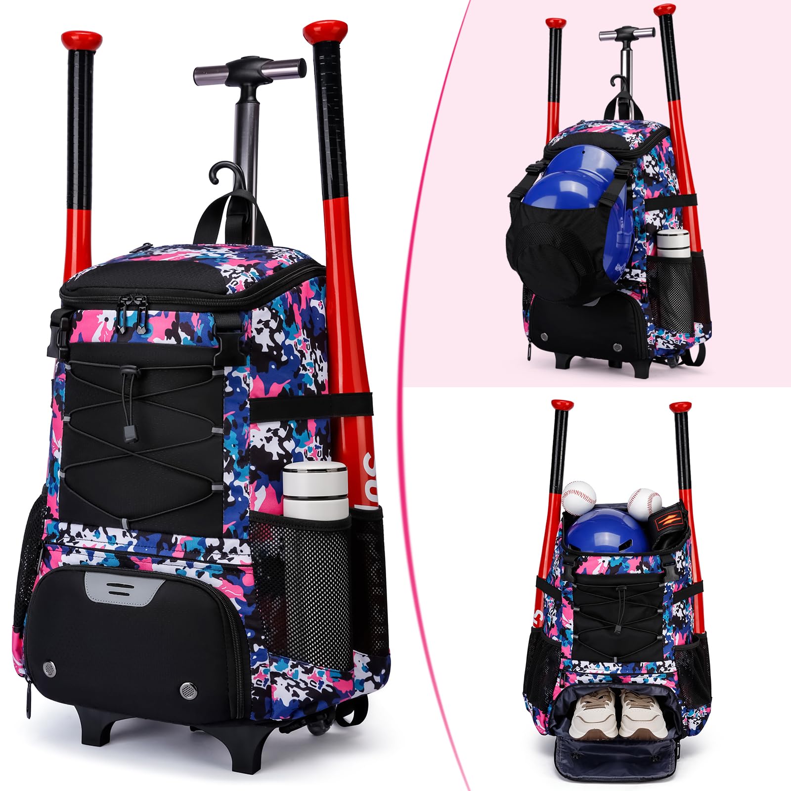Best Youth & Adult Lightweight Rolling Softball Baseball Bat Bag with Wheels - Large Equipment Backpack with Shoe Compartment, Fence Hook & Helmet Holder - Perfect for T-Ball, Fastpitch & Travel Games