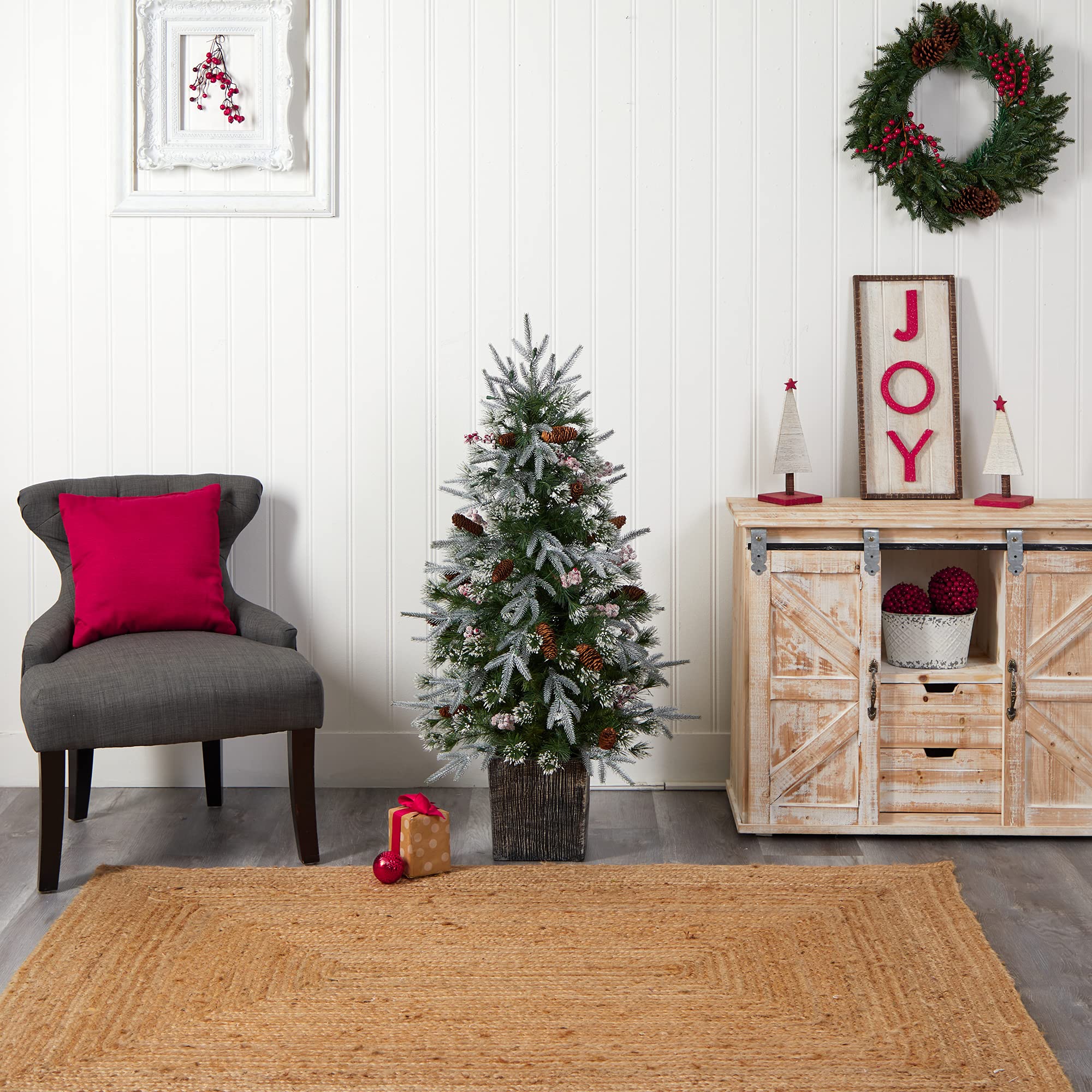 Nearly Natural 4ft Pre-Lit Frosted Artificial Christmas Tree with 105 Warm White LED Lights & Berries in Decorative Planter - Perfect for Home, Office, and Holiday Decorations