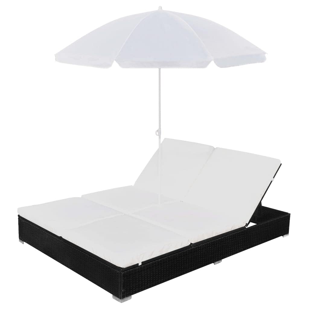 vidaXL Double Patio Lounge Bed - Weather-Resistant Waterproof Poly Rattan Outdoor Sun Lounger with Adjustable Positions & Umbrella - Black - Perfect for Poolside Relaxation, Backyard Lounging, and Patio Comfort