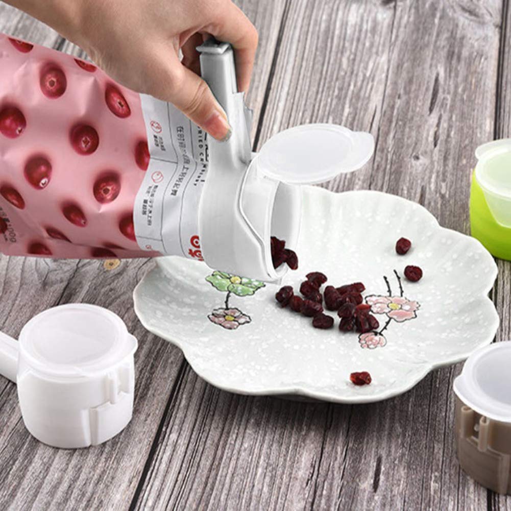 4-Pack Food Storage Bag Clips with Pour Spouts - Reusable Kitchen Chip Bag Sealer Clips for Snacks, Chips & Dry Goods | Plastic Cap Sealing Clips for Pantry Organization (Gray, White, Green, Blue) | Perfect for Picnics, Lunch Boxes & Home Storage