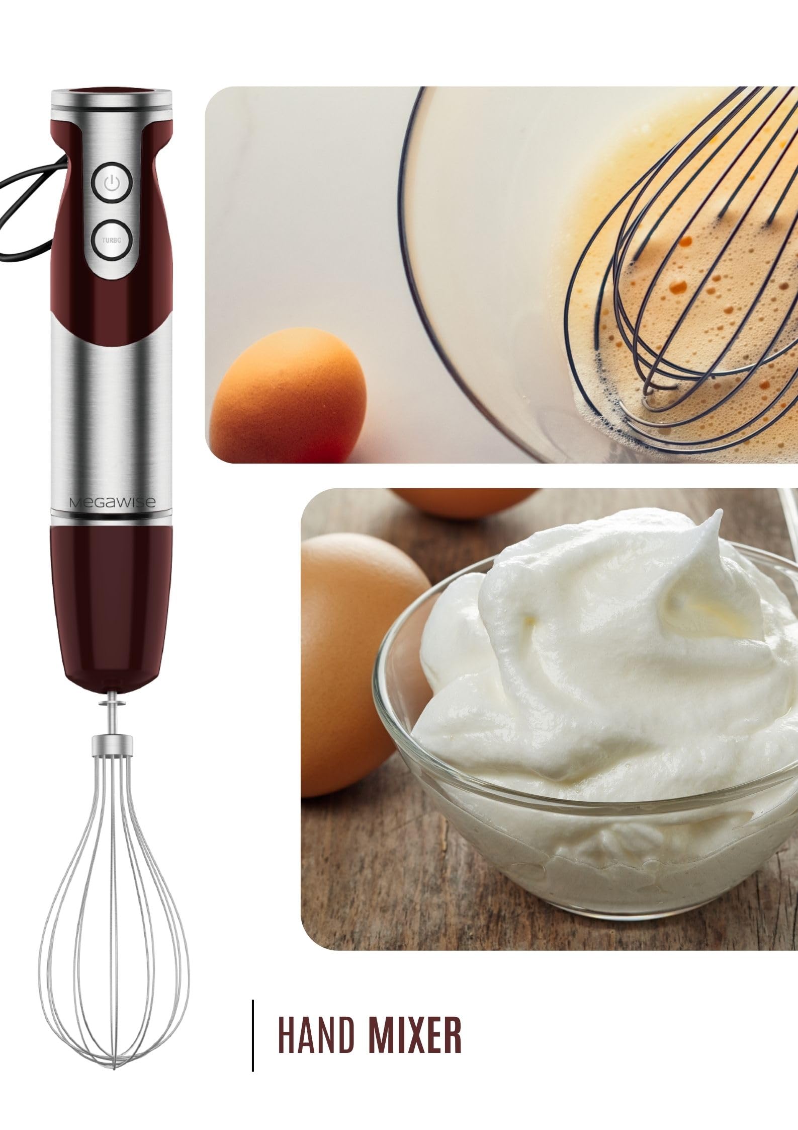 MegaWise Pro Titanium Reinforced 3-in-1 Immersion Hand Blender - 800W Powerful Motor, 12-Speed Control, Ultra Sharp Blades - Includes Whisk & Milk Frother (Red) - Perfect for Smoothies, Soups, Sauces & Baking