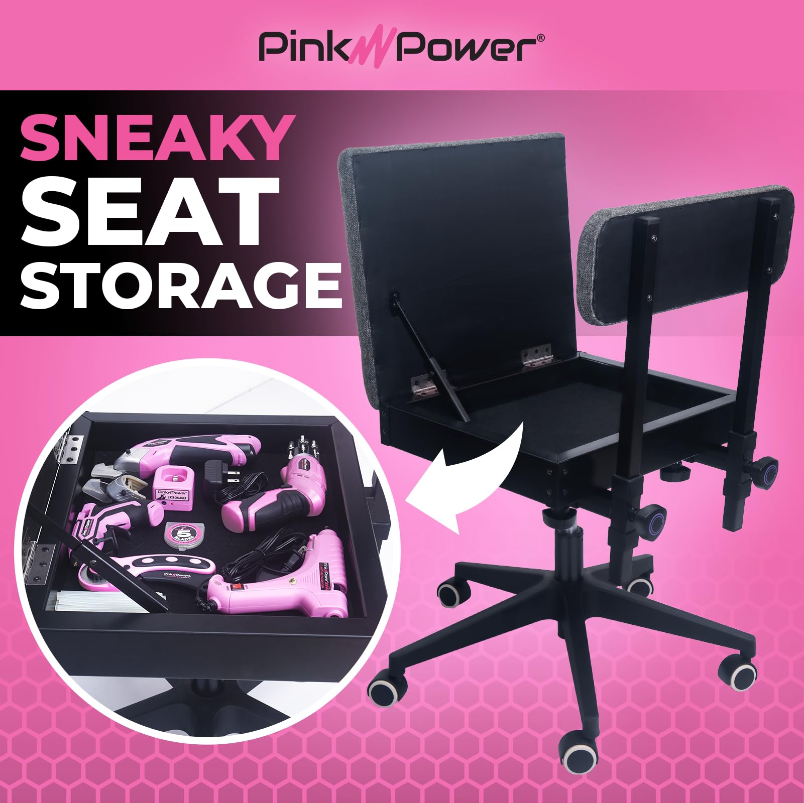Pink Power Hydraulic Sewing Chair with Wheels & Adjustable Back Support - Ergonomic Armless Craft Chair for Sewing, Quilting & DIY Projects - Perfect for Home Studios, Craft Rooms & Professional Workshops