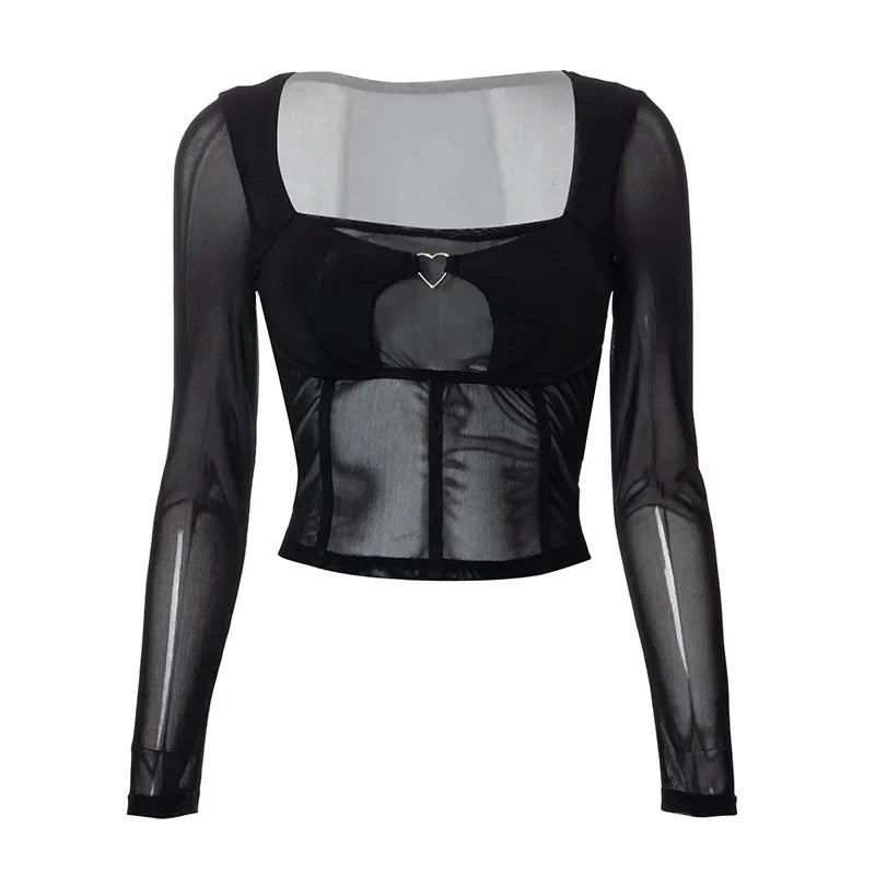 Black Mesh Sheer Crop Top for Women | Y2K Streetwear Fashion | Sexy Square Neck Long Sleeve T-Shirt | Fall Clothing Trend | Perfect for Club Outfits, Concerts & Nightlife
