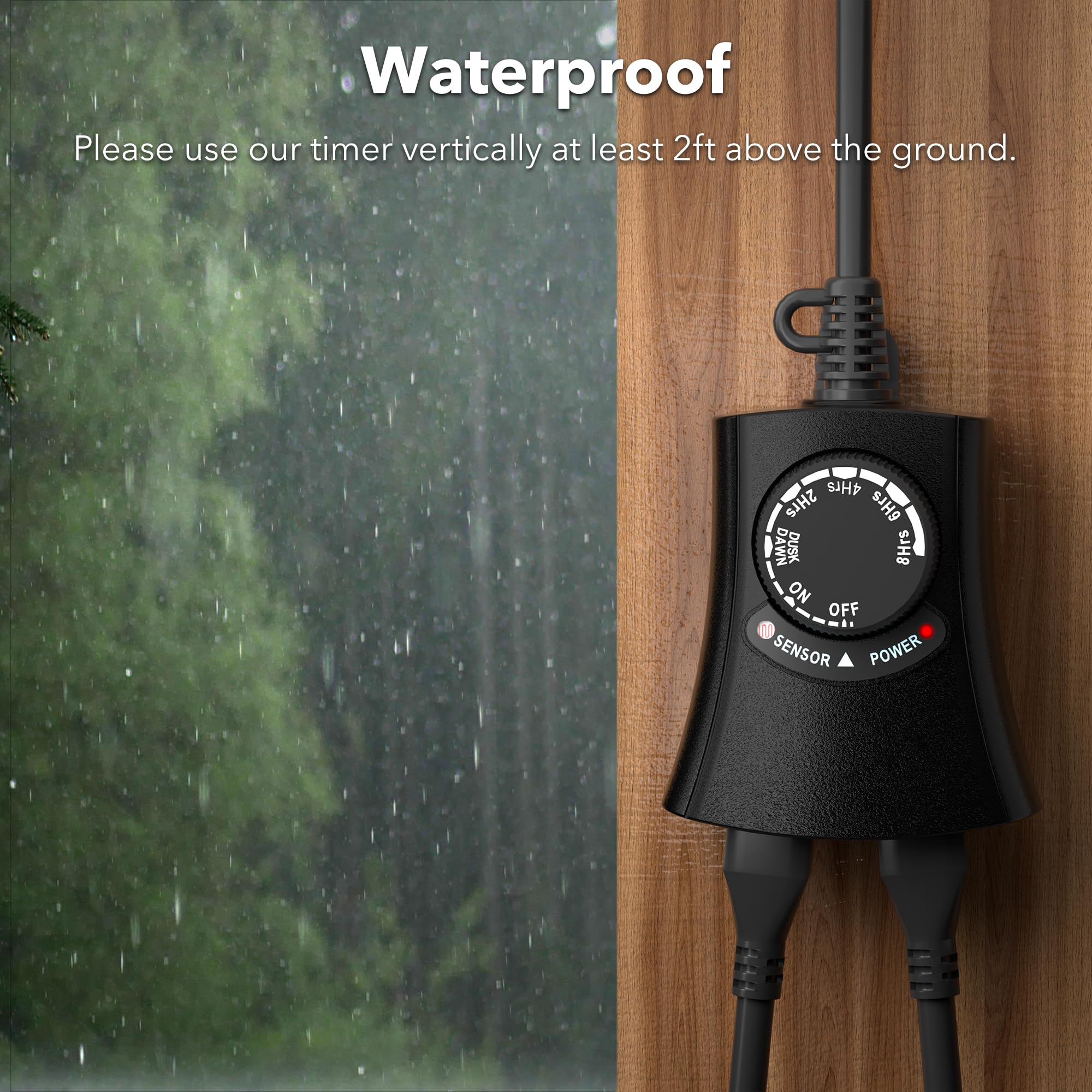 HBN Outdoor Light Timer Waterproof - Weatherproof Photocell Dusk to Dawn Sensor with 2/4/6/8 Hour Countdown - 2 Grounded Outlets for Christmas Lights & Halloween Decorations (1875W 15A 1/2HP) - Perfect for Patio, Garden, and Holiday Lighting