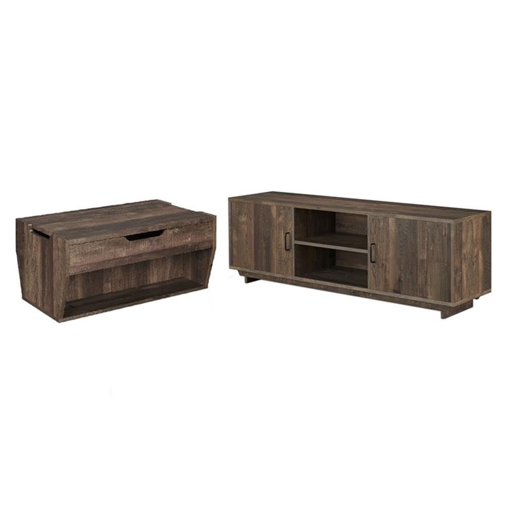 Krella 2-Piece Solid Oak Wood Storage Coffee Table and 62-Inch TV Stand Set - Modern Living Room Furniture for Home Entertainment & Organization